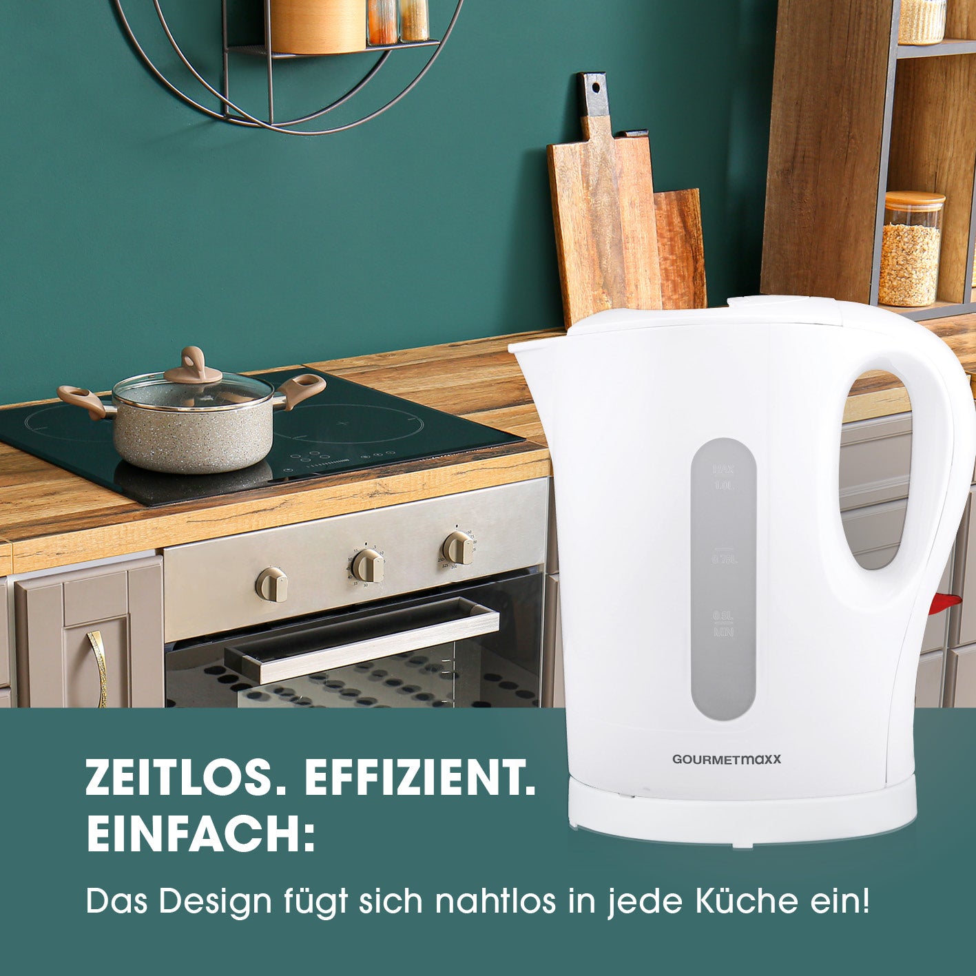 GOURMETmaxx Wasserkocher 1l weiß/grau, kabelloser Wasserbehälter mit Wasserstandsanzeige und automatischer Abschaltung.
