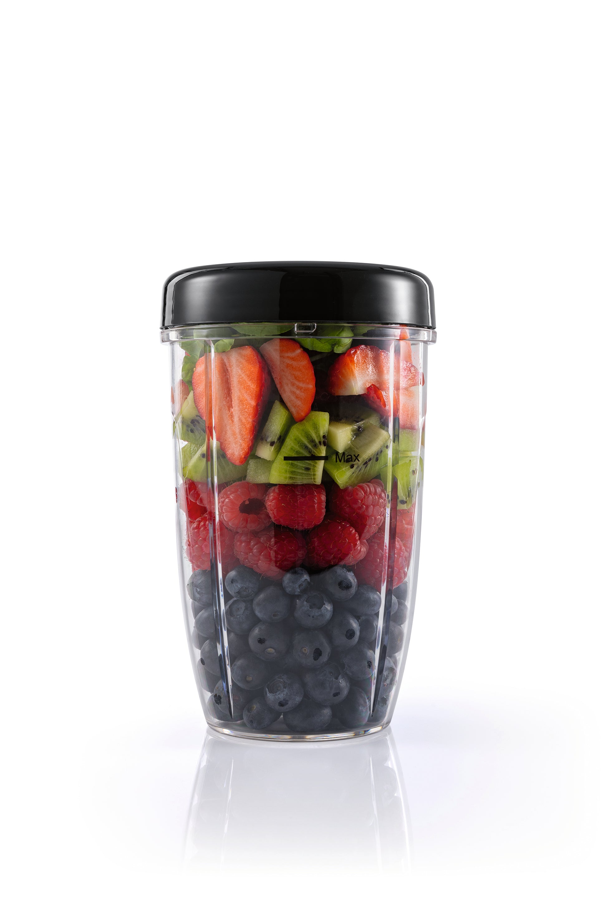 Zubehörset L für Nutrition Mixer Pro 1.000 - Schwarz mit Frischhaltedeckel gefüllt mit frischen Beeren und Kiwi.