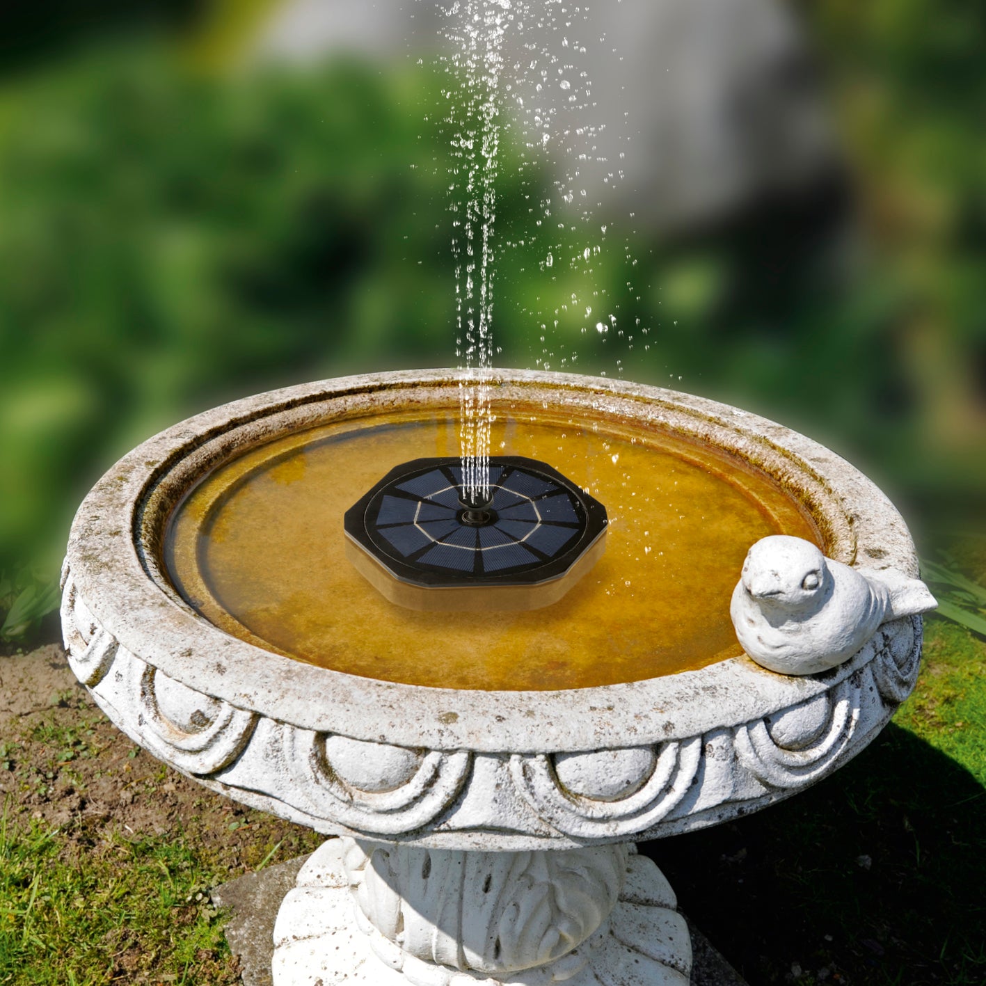 Solar-Gartenfontäne mit 6 Sprühaufsätze in Vogelbad, solarbetrieben, mit vielseitigen Strahleinstellungen für Garten und Terrasse.