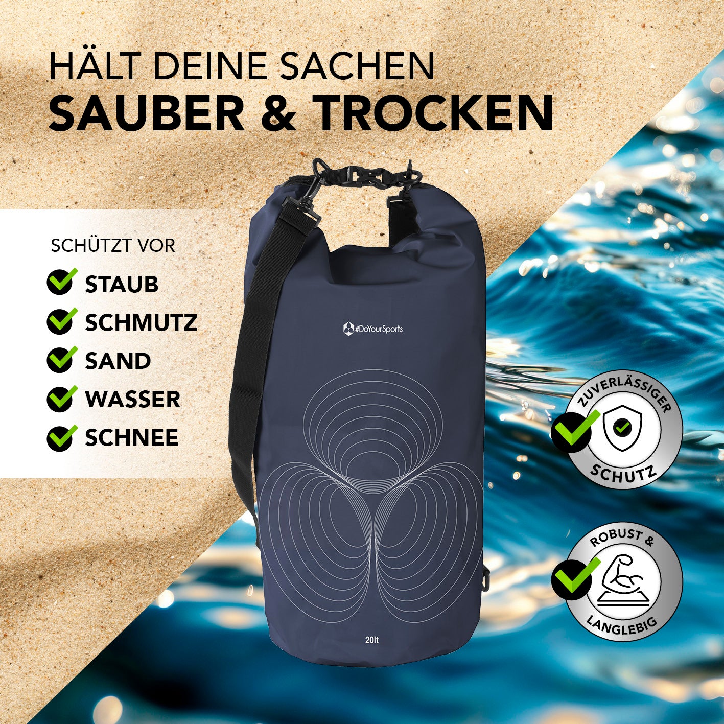 Dry Bag 20L - Dunkelblau, wasserdichter Outdoor-Rucksack mit Rolltop, schützt vor Staub, Wasser, Sand und Schnee, robust und langlebig.