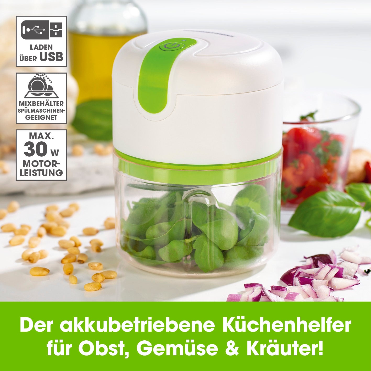 Multi-Zerkleinerer inkl. USB-Kabel - 250 ml - weiß/limegreen kompakter Akku-Zerkleinerer mit spülmaschinengeeignetem Mixbehälter und Edelstahlklingen.