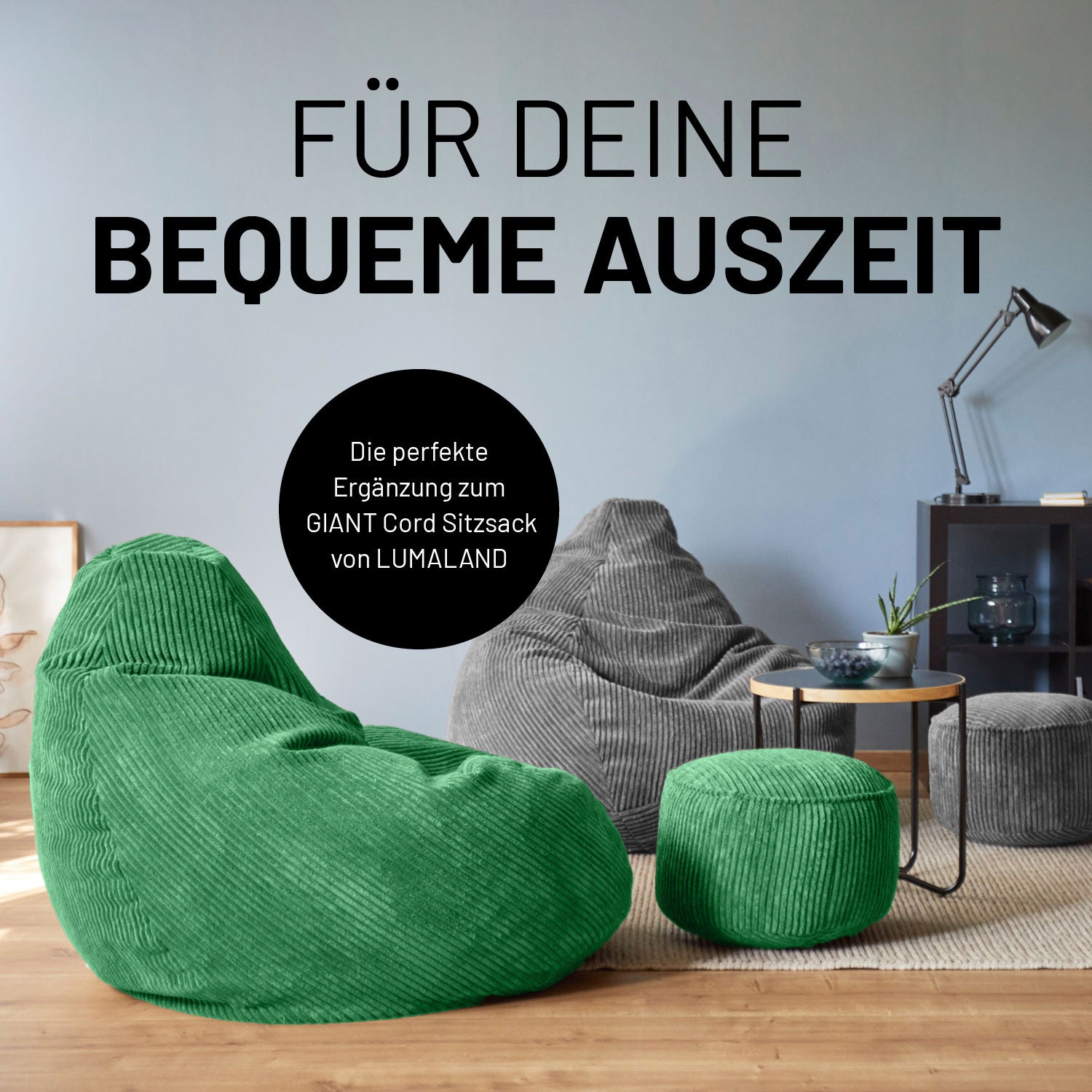 Sitzsack Pouf aus der Cord-Reihe - Dunkelgrün als vielseitiger Hocker, Schemel und Ablage mit stylishem Cordbezug und weicher EPS-Füllung.