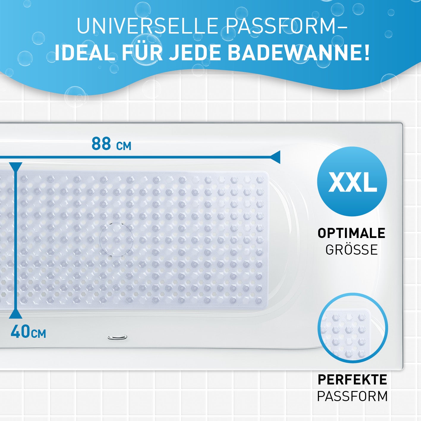 Badewannenmatte 88 x 40 cm – Transparent mit rutschfester Oberfläche und Saugnäpfen für sicheren Halt in jeder Badewanne.