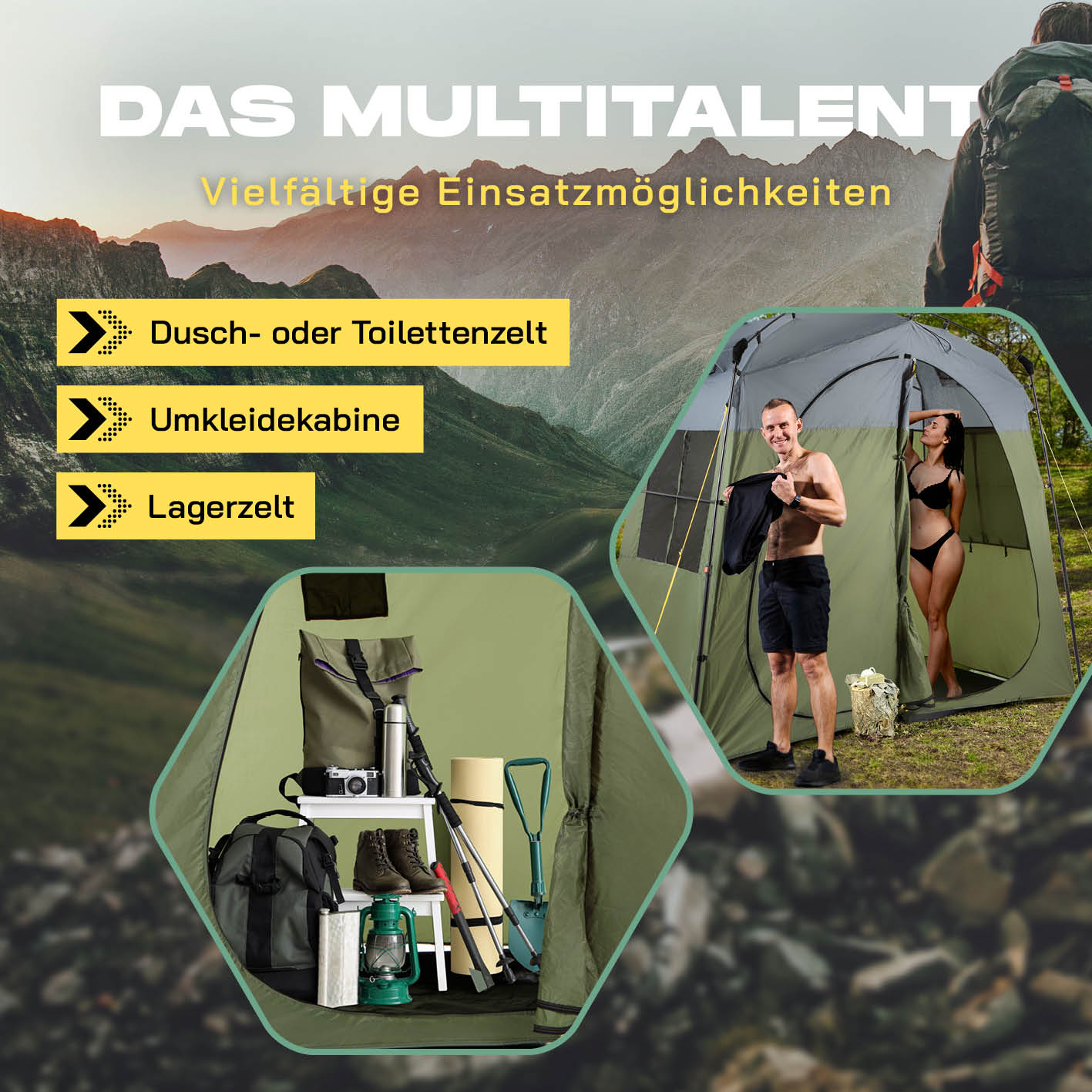 Pop-up-Duschzelt für 2 Personen - grün/grau als Duschzelt, Toilettenzelt, Umkleide und Lagerraum vielseitig nutzbar im Freien.
