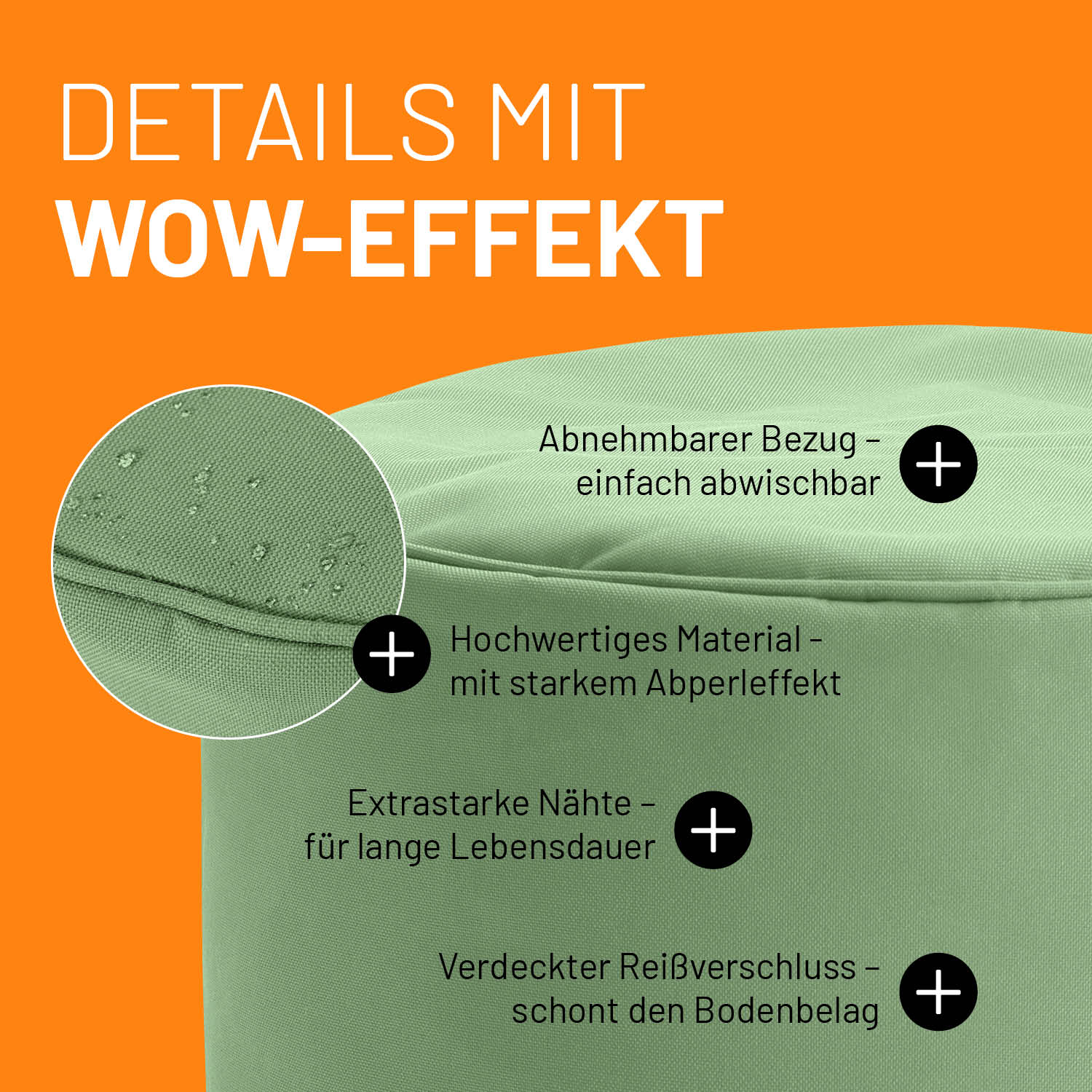 Sitzsack-Hocker/Pouf (50 L) - indoor & outdoor - Pastell Grün mit abnehmbarem Bezug, starkem Abperleffekt und verdreckt verschluss.