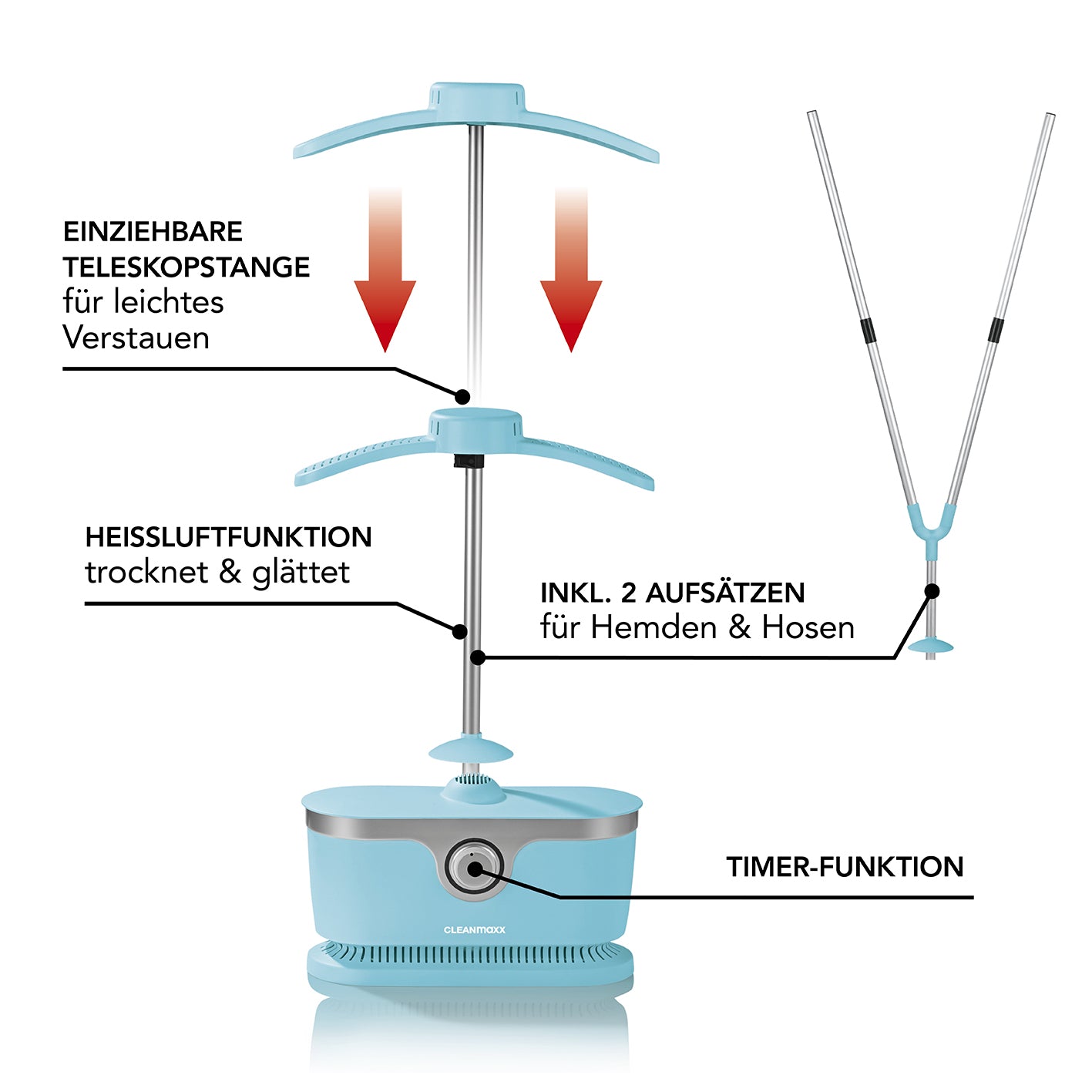 Hemdenbügler PRO mit Hosenaufsatz - Blau mit Teleskopstange, Heißluftfunktion, Timer und zwei Aufsätzen für Hemden und Hosen.