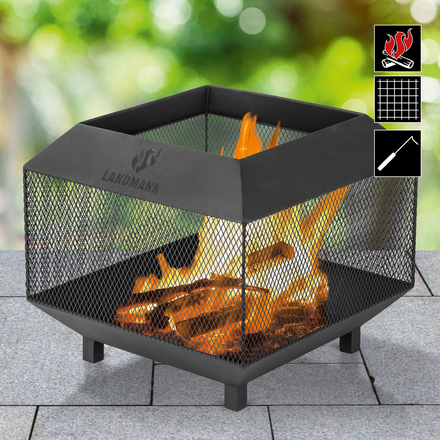 Feuerkorb Cube aus massivem Stahl mit Funkenschutz und stabilem Stand auf vier Beinen, wetterfest und inklusive Schürhaken.