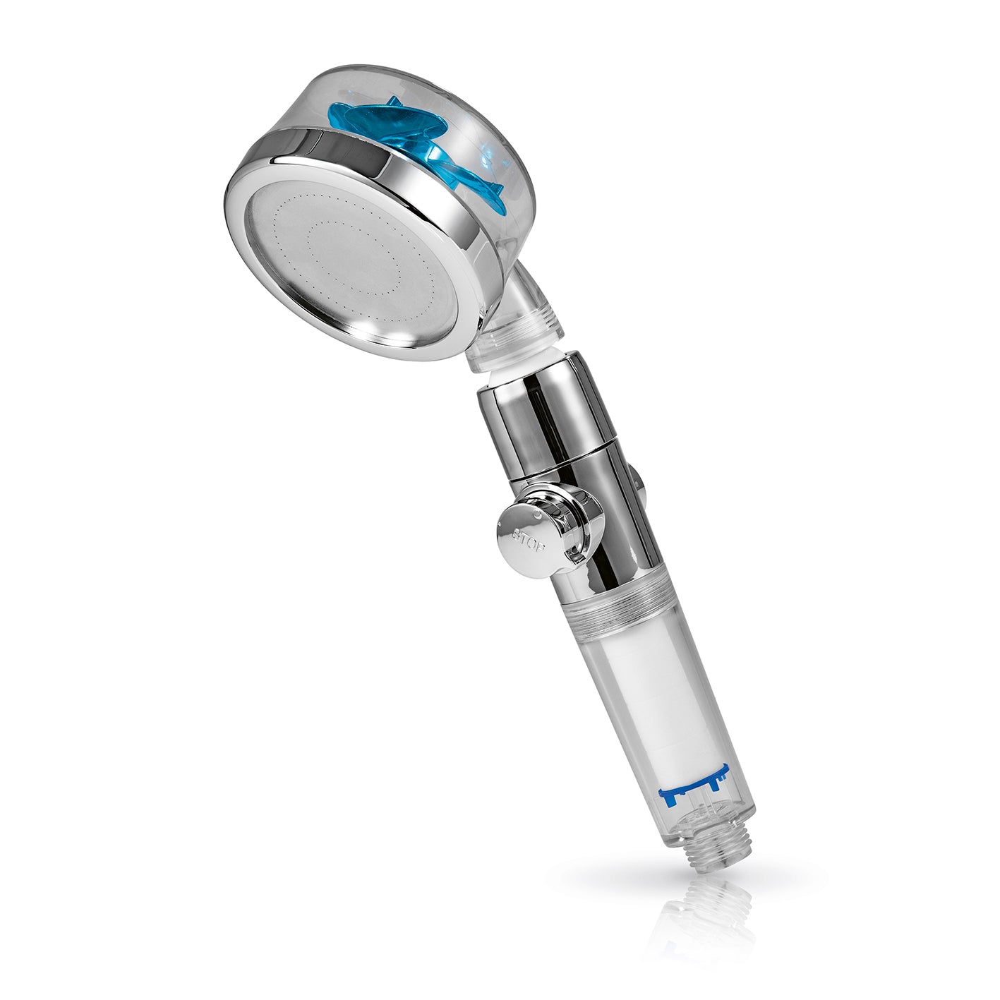 Duschkopf mit Stopp- & Druckregler, starker Wasserdruck, integrierter Filter, 360° Kugelgelenk, einfach montierbar.