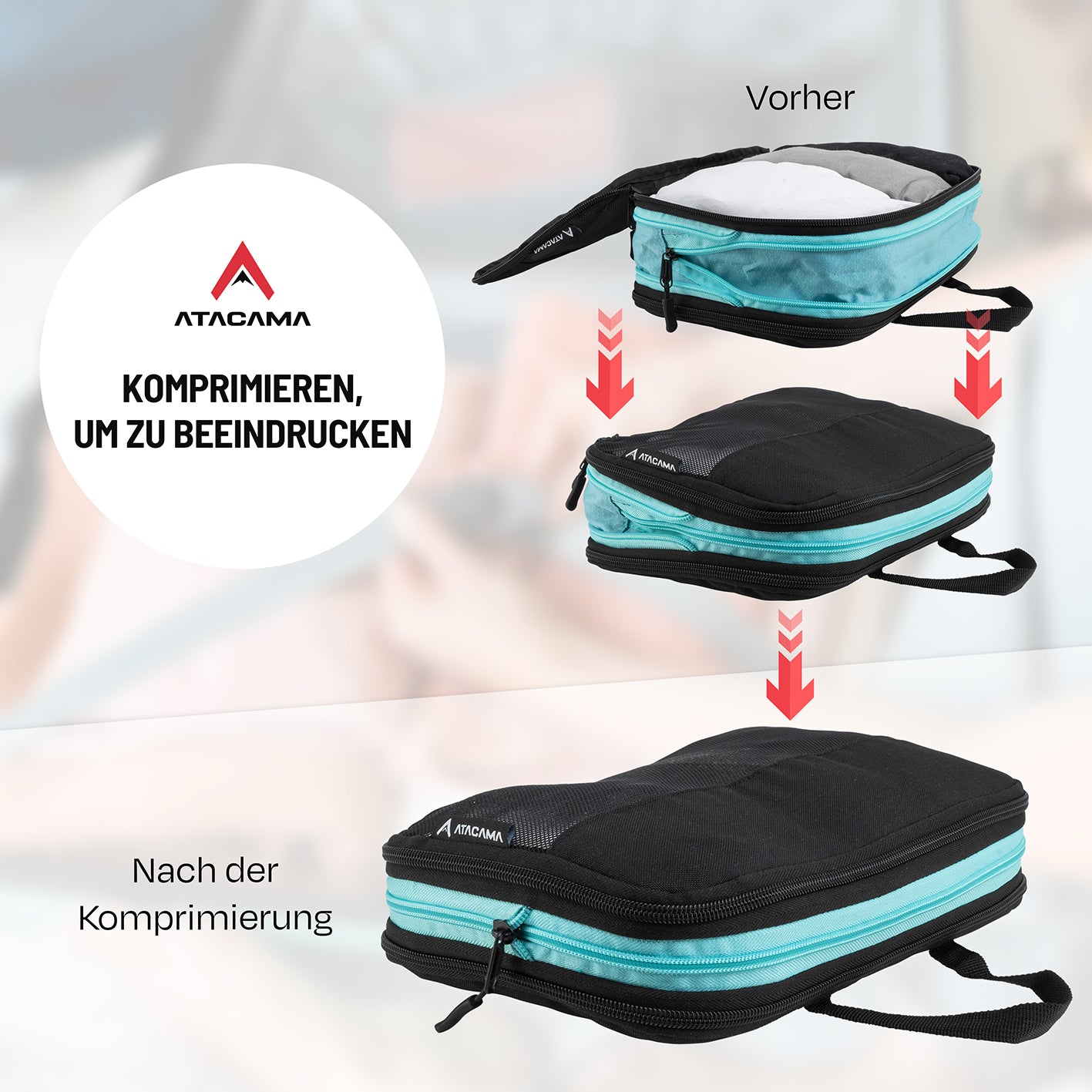 Kompressions-Packwürfel-Set / 4er-Set - Schwarz-Türkis zeigt wirksame Volumenreduzierung vor und nach dem Komprimieren.