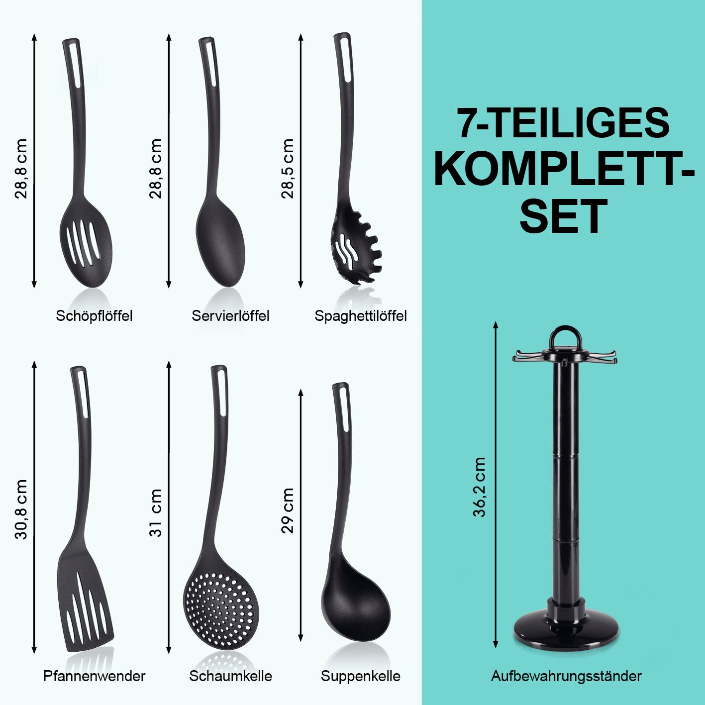 Küchenhelfer-Set mit praktischem Ständer - 7-teilig aus hitzebeständigem Kunststoff, inklusive Pfannenwender und Aufbewahrungsständer.
