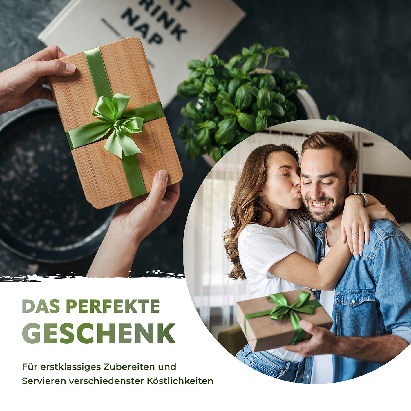 Schneidebretter aus Bambus - 6er-Set als Geschenk verpackt mit grünem Band, ideal zum Schneiden und Servieren.
