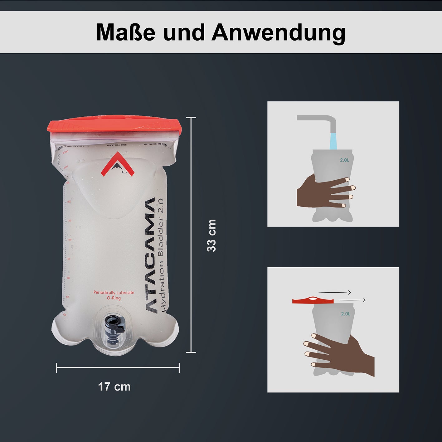 Trinkblase 2 Liter für Trinksystem mit Maße 33x17 cm, Illustration zur Handhabung und Verschlussöffnung in Nutzung.