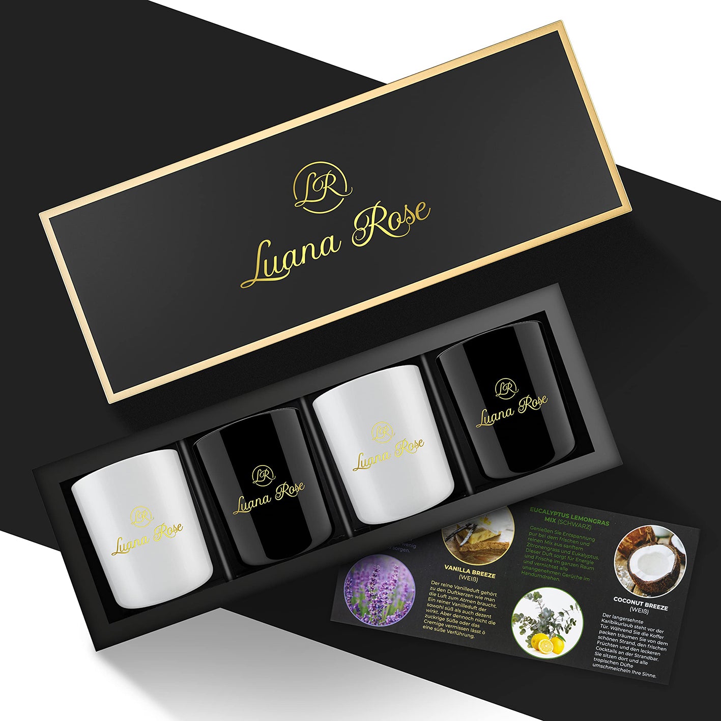 Duftkerzen Geschenkset - 4er-Set mit Lavendel, Eucalyptus Lemongras, Vanille & Kokosnuss in eleganter Geschenkbox von Luana Rose.
