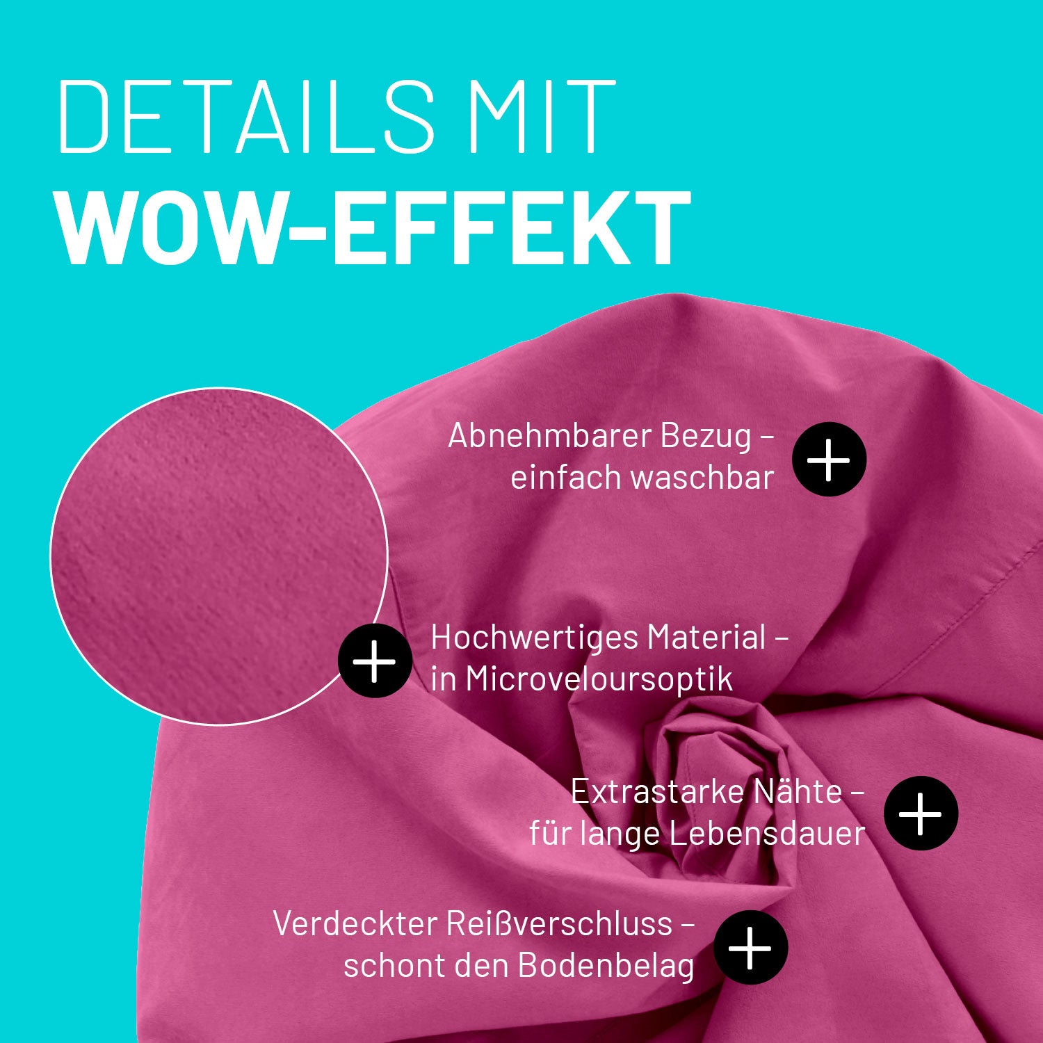Luxury XL Sitzsack (120 L) - indoor - Pink mit abnehmbarem Bezug, Microveloursoptik, extrastarken Nähten und verdecktem Reißverschluss von Lumaland.