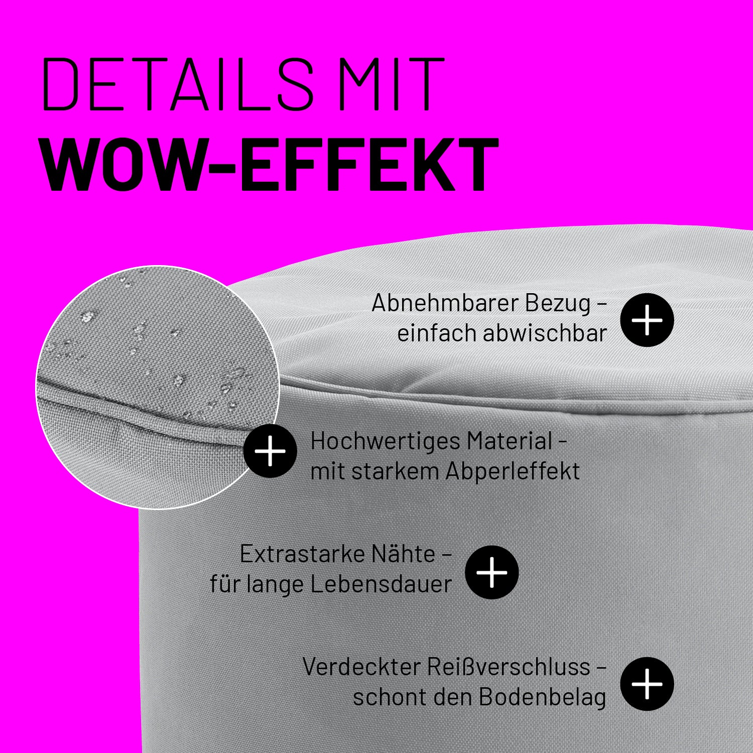 Sitzsack-Hocker/Pouf (50 L) silbergrau mit abnehmbarem Bezug, starkem Abperleffekt, extrastarken Nähten und verdecktem Reißverschluss.