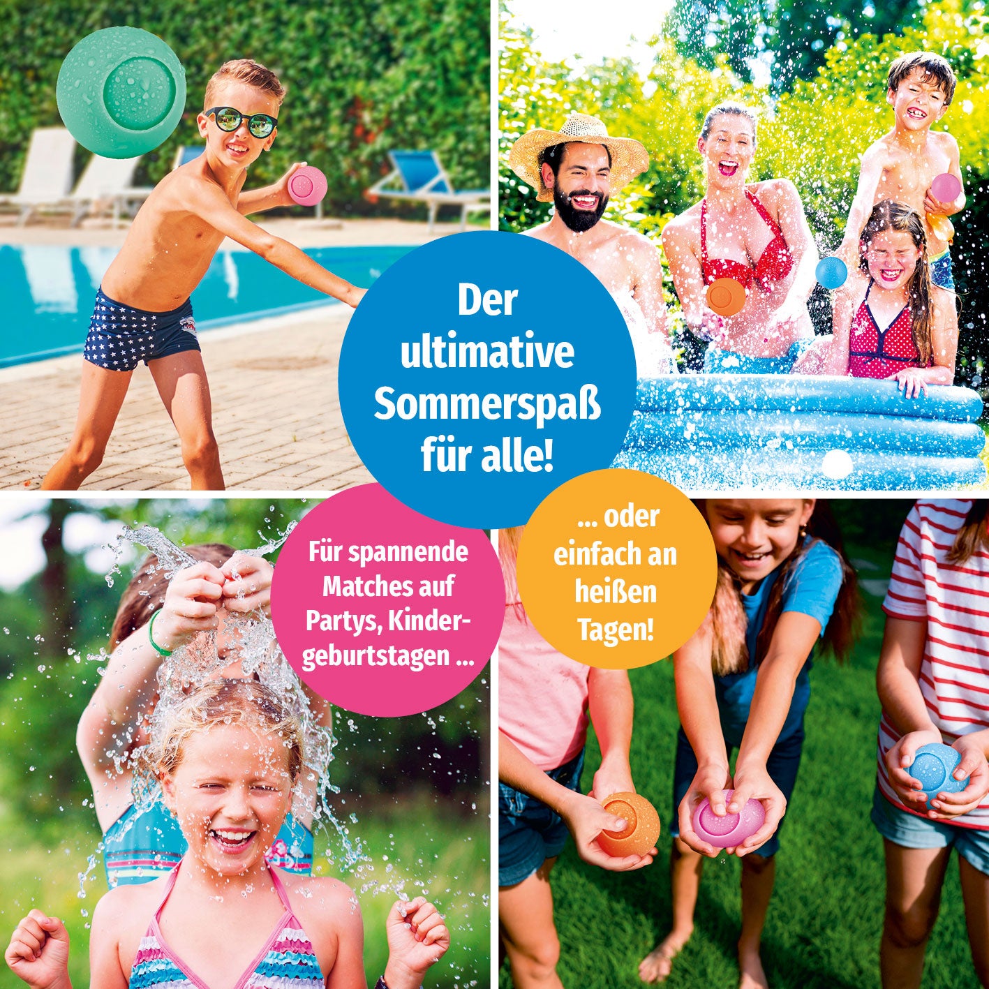 Silikon-Wasserballon - 12er-Set zeigt Kinder und Familie beim fröhlichen Wasserspaß an Sommerpool und Garten.