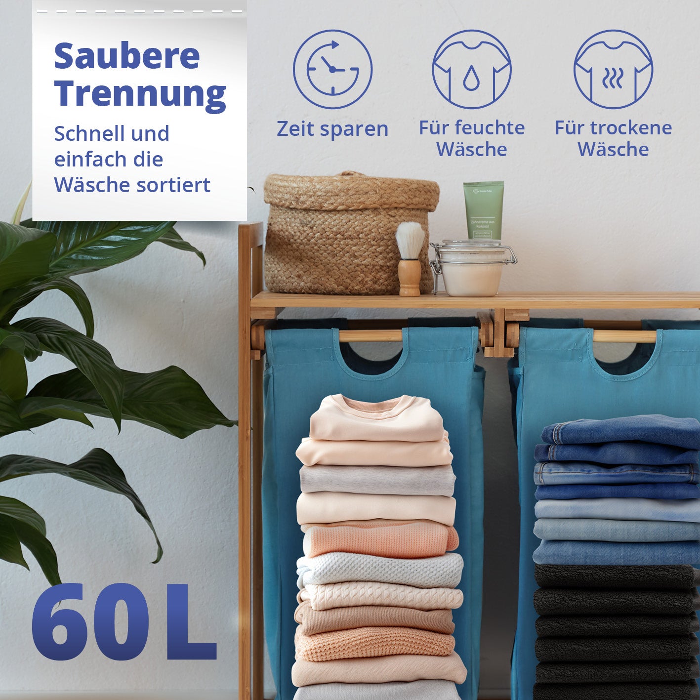 Bambus Wäschekorb mit 2 ausziehbaren Wäschesäcken 73x64x33 cm Blau, 60L, für feuchte & trockene Wäsche, stilvoll und praktisch.