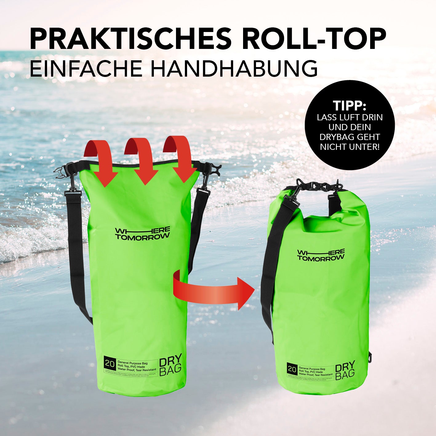 Dry Bag 20L - Style 01 - Grün mit praktischem wasserdichtem Rolltop-Verschluss für sicheren Schutz bei Outdoor-Aktivitäten.