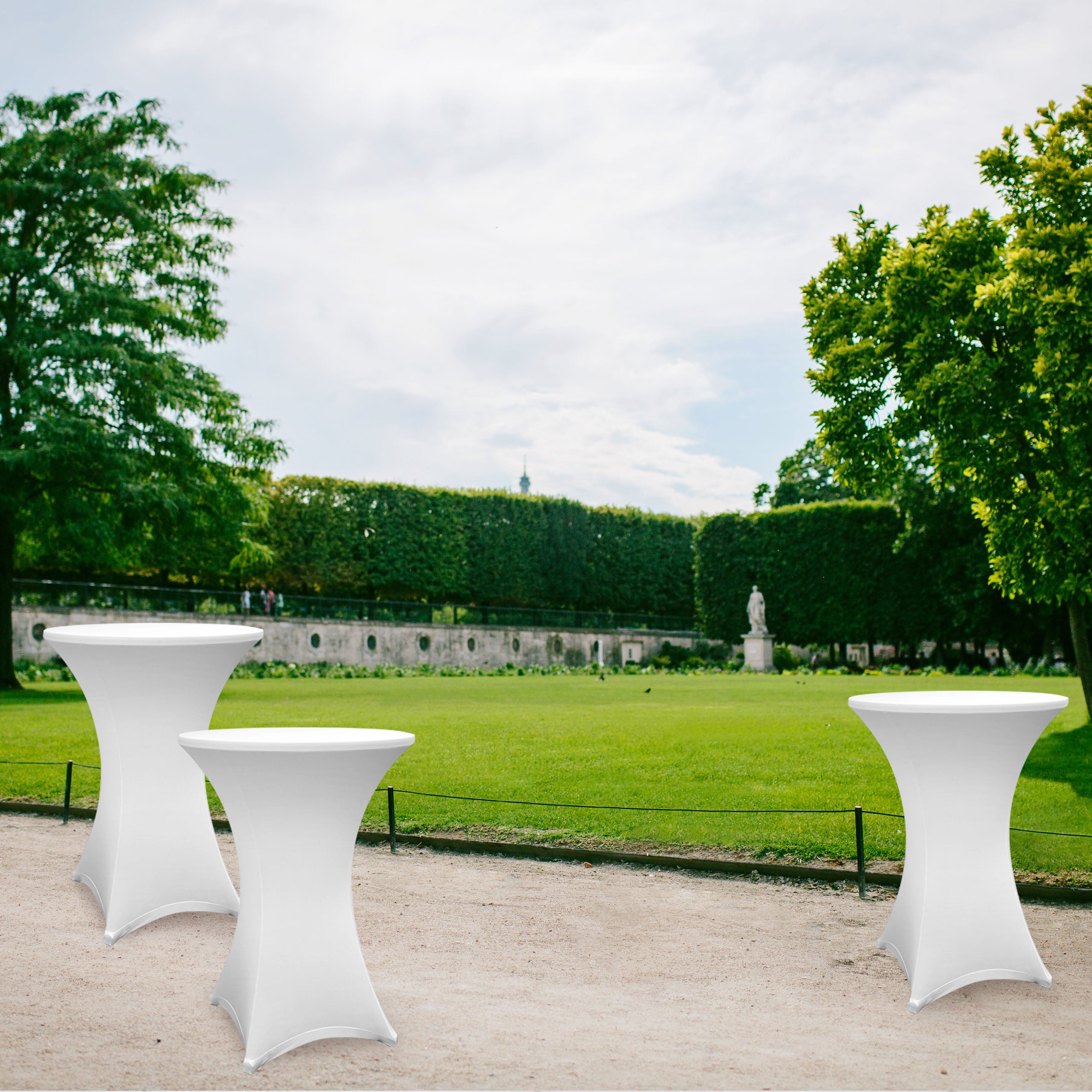 Stehtischhusse Tisch Bezug Ø 80-85 cm Weiß 5er-Set, elastisch, schmutzabweisend, waschbar, für drinnen und draußen geeignet.