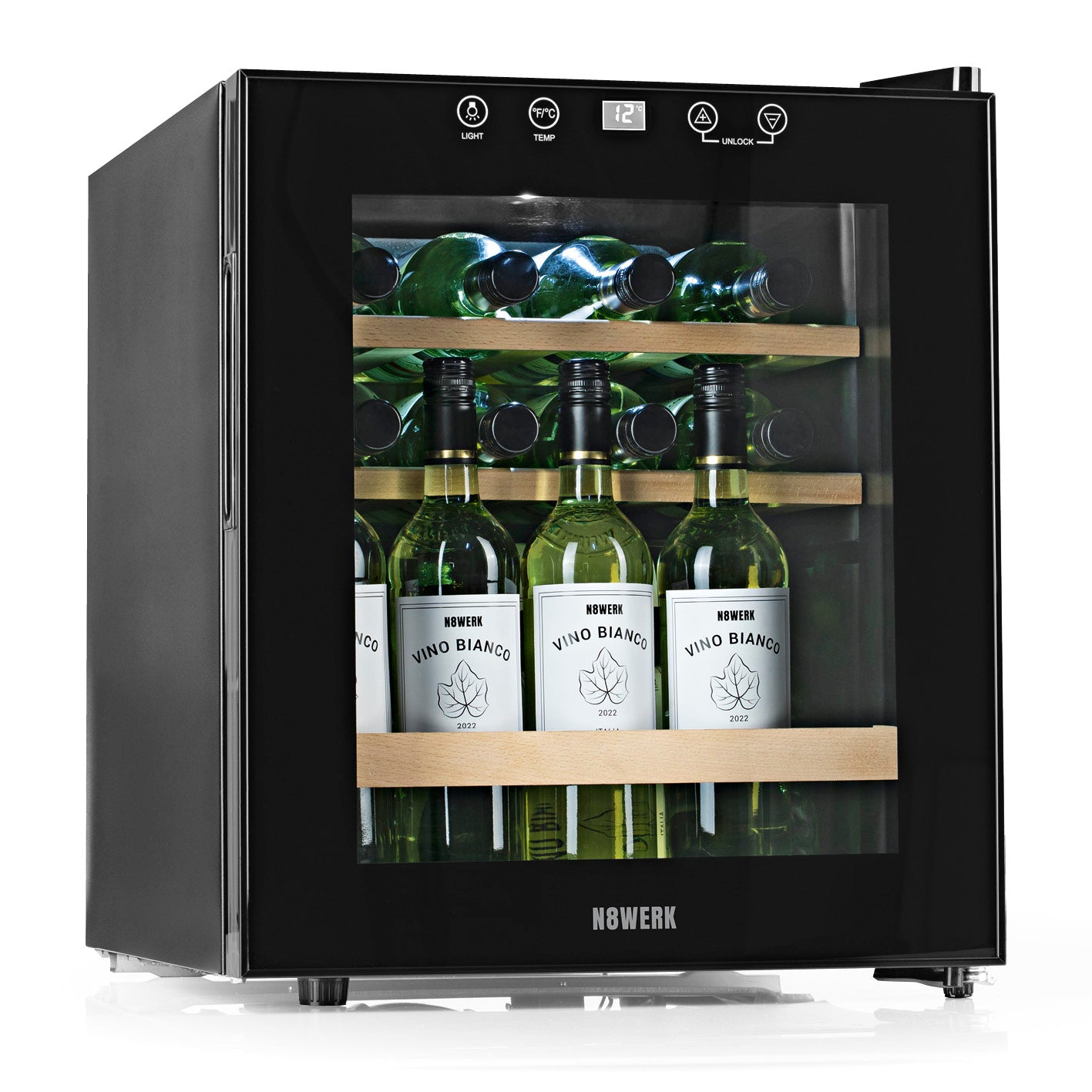 Weinkühlschrank - 15 Flaschen, freistehend mit LED-Beleuchtung, geräuscharm und Kompressor-Technologie für optimale Kühlung.