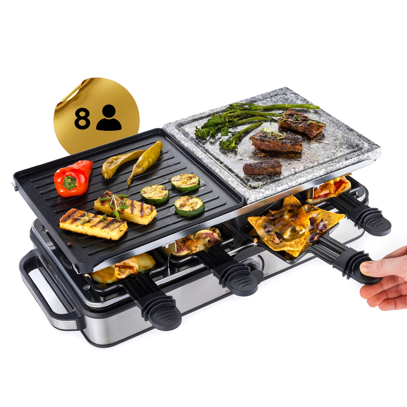 Raclettegrill - 8 Personen mit Naturstein- und Gussplatten, 8 Pfännchen, ideal für gemeinsames Grillen am Tisch.