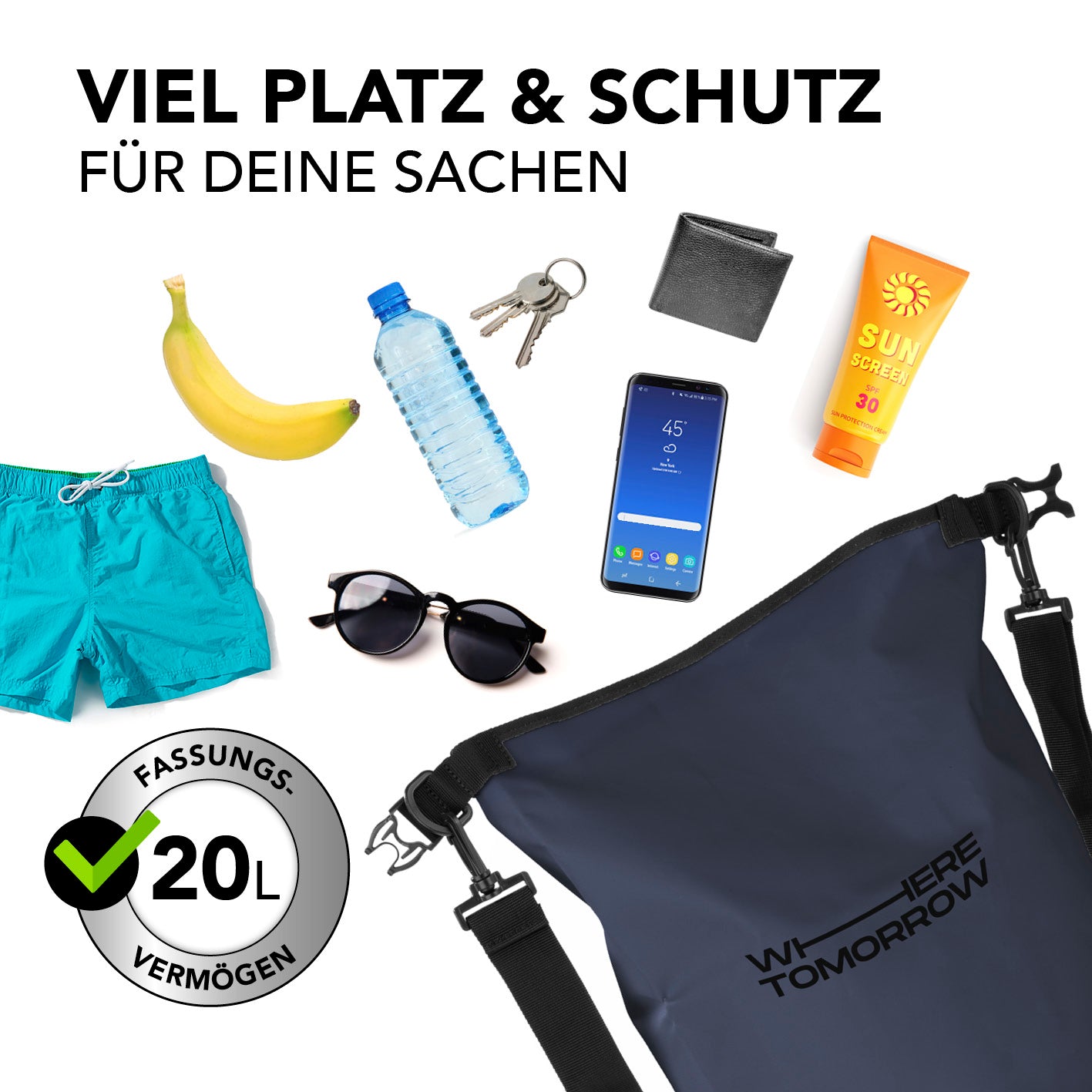 Dry Bag 20L - Style 01 - Dunkelblau, wasserdichter Rucksack mit 20L Fassungsvermögen, ideal für Outdoor, robust und UV-geschützt.