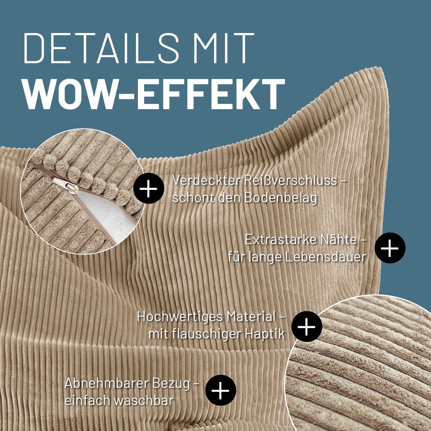 Sitzsack Classic XXL aus der LUMALAND Cord-Reihe - 380 L - 140 x 180 cm - Beige mit verdecktem Reißverschluss und robustem Cordbezug