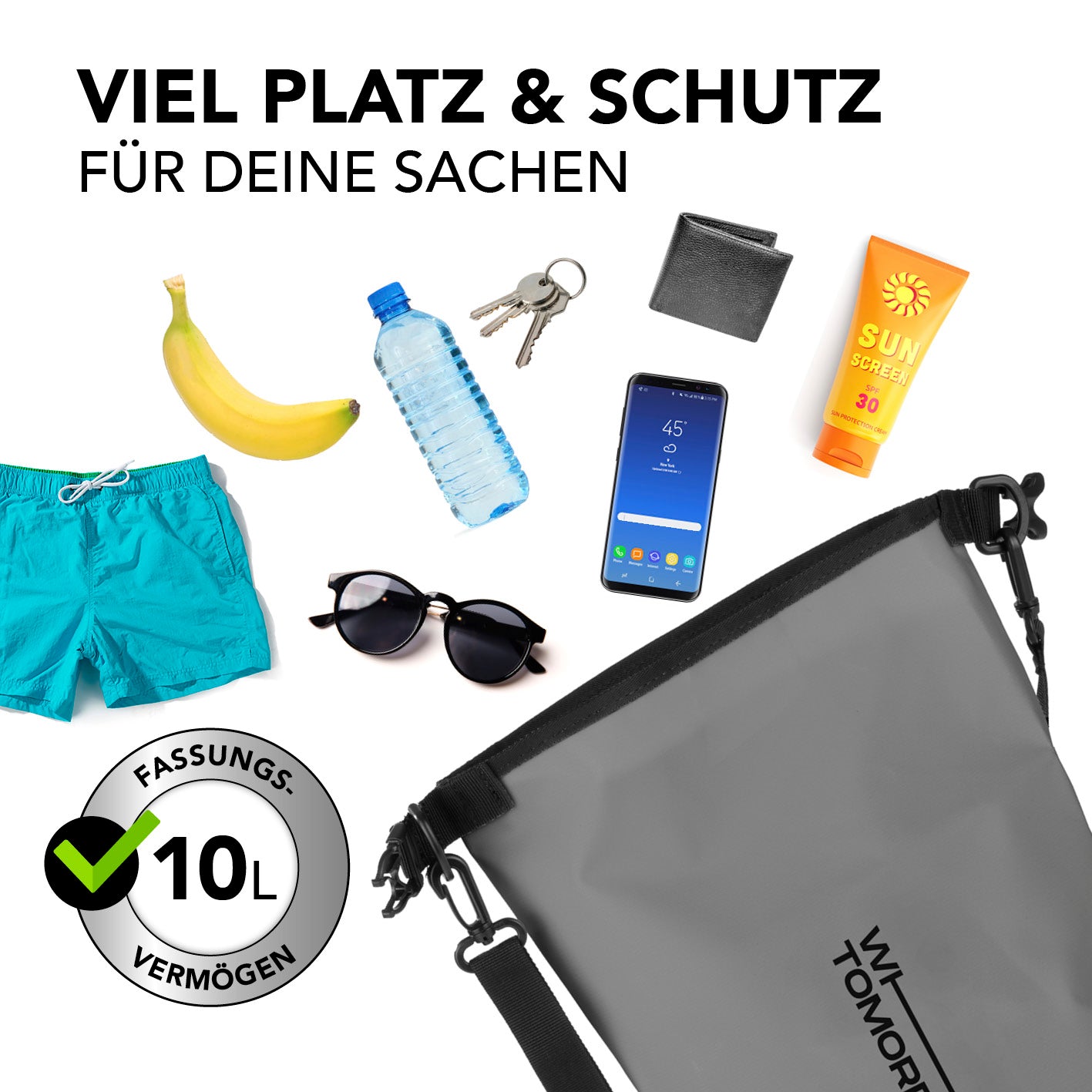 Dry Bag 10L - Style 02 - Grau wasserdichter Rucksack mit 10L Fassungsvermögen und robustem Rolltop-Verschluss für Outdoor-Abenteuer.