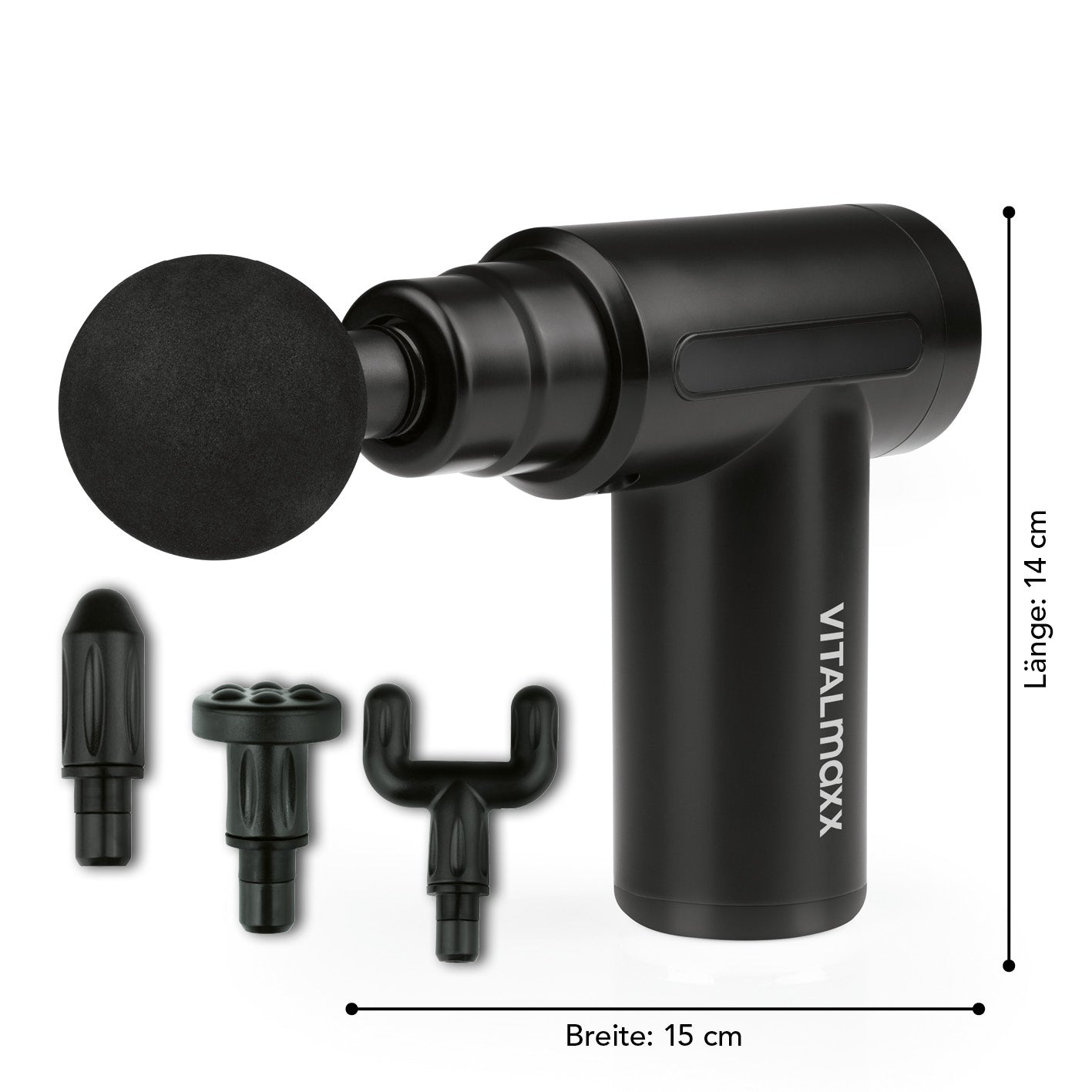 Massage Gun - 4 verschiedene Aufsätze - schwarz mit 4 Aufsätzen, kraftvoll und handlich, optimal zur Muskelregeneration und Durchblutungsförderung.