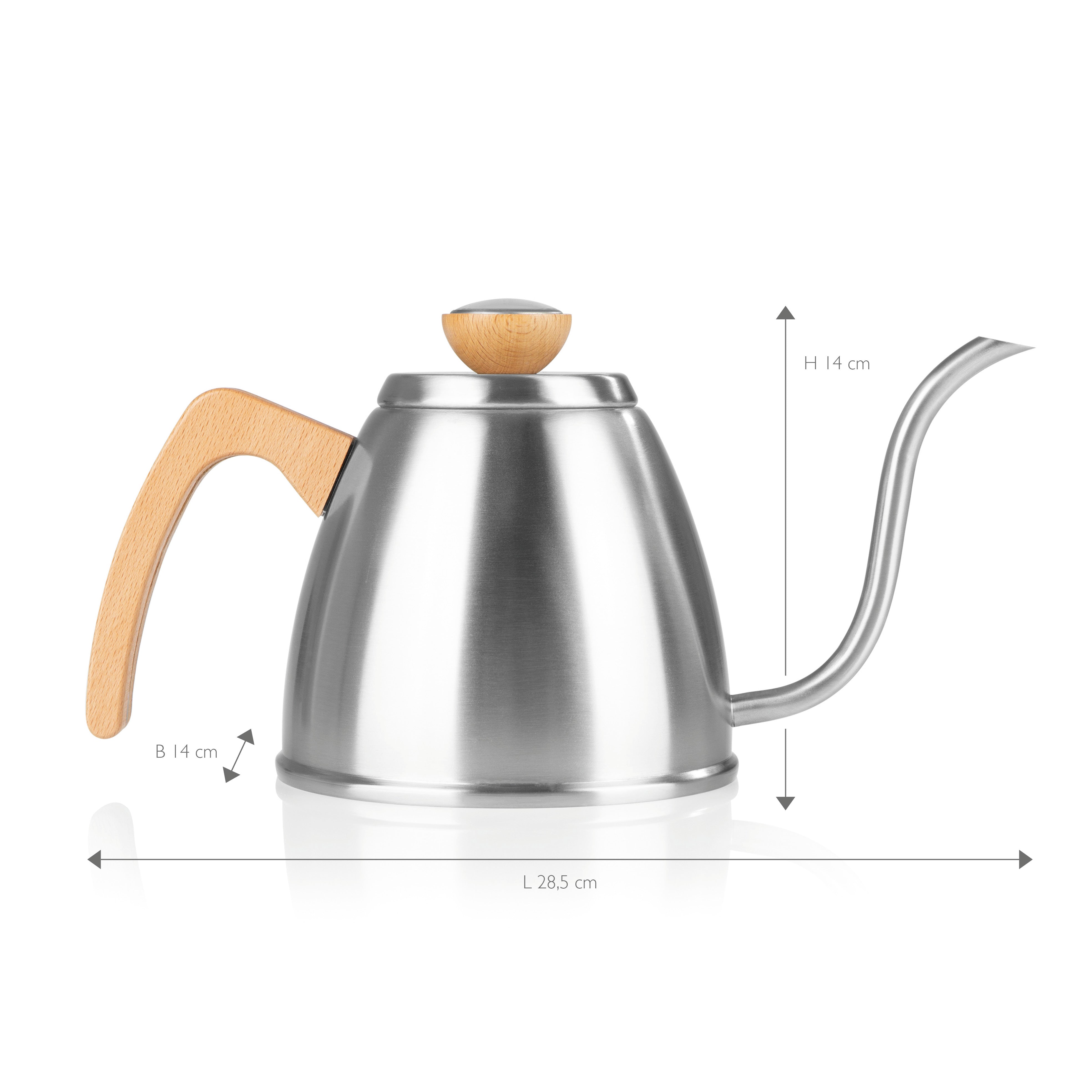 POUR OVER Wasserkessel mit Thermometer, schmaler Schwanenhals, Edelstahl und Buchenholz, ideal für präzises Aufgießen
