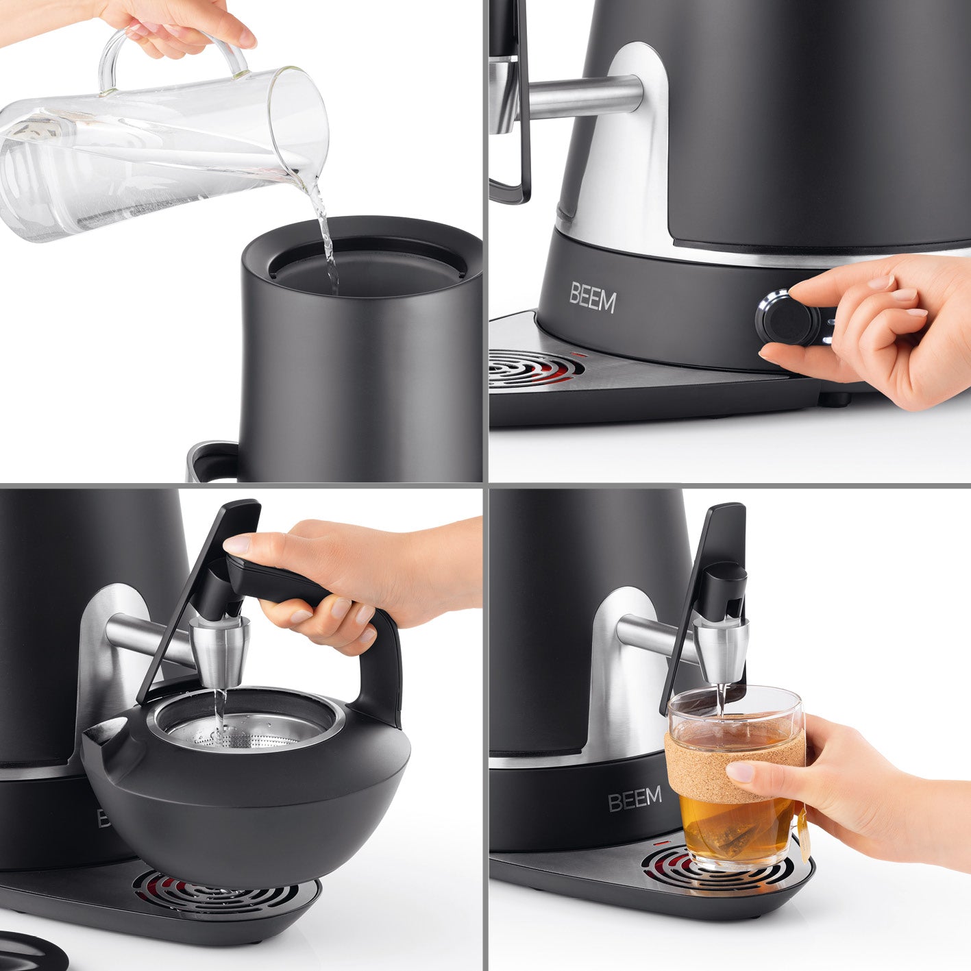 Samowar Amira mit Dispenser 10l - 2000W - schwarz matt zeigt Wasser nachfüllen, Bedienelemente und Heißwasserausgabe.
