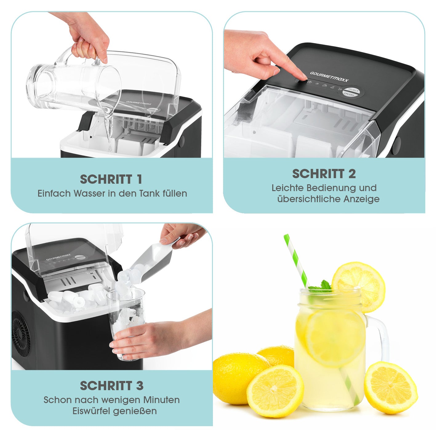 Eiswürfelbereiter mit 1,3-L Wassertank, einfacher Bedienung, zwei Eiswürfelgrößen und herausnehmbarem Behälter, schnell frische Eiswürfel.