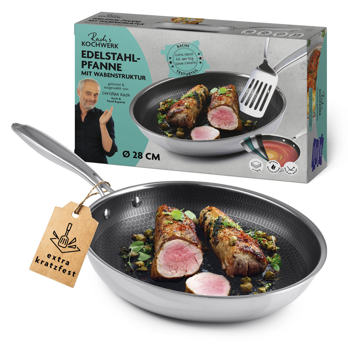 Edelstahl-Pfanne mit Wabenstruktur Ø 28 cm, kratzfest, antihaftbeschichtet, für alle Herdarten, mit Soft-Touch-Griff und hohem Rand.