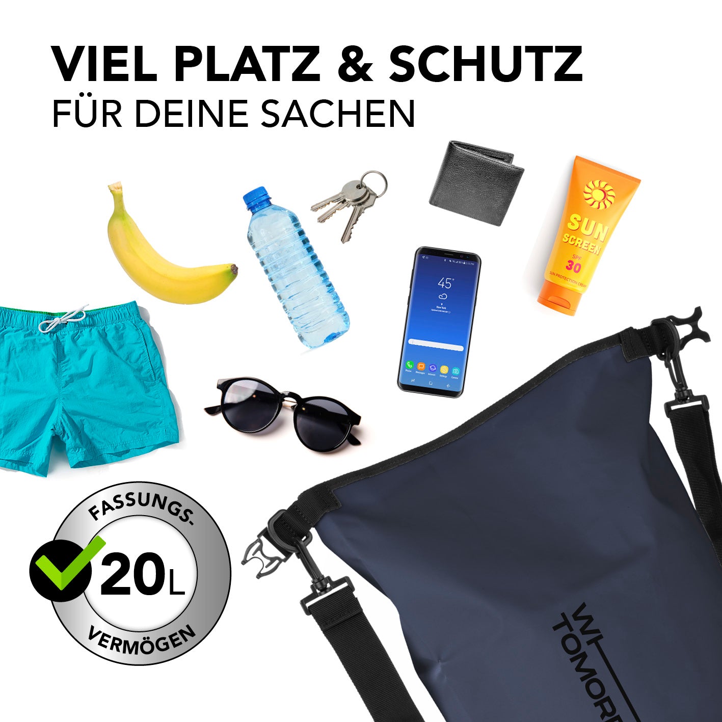 Dry Bag 20L - Style 02 - Dunkelblau wasserdichter Rucksack mit UV-Schutz und 20L Volumen für Outdoor-Abenteuer.