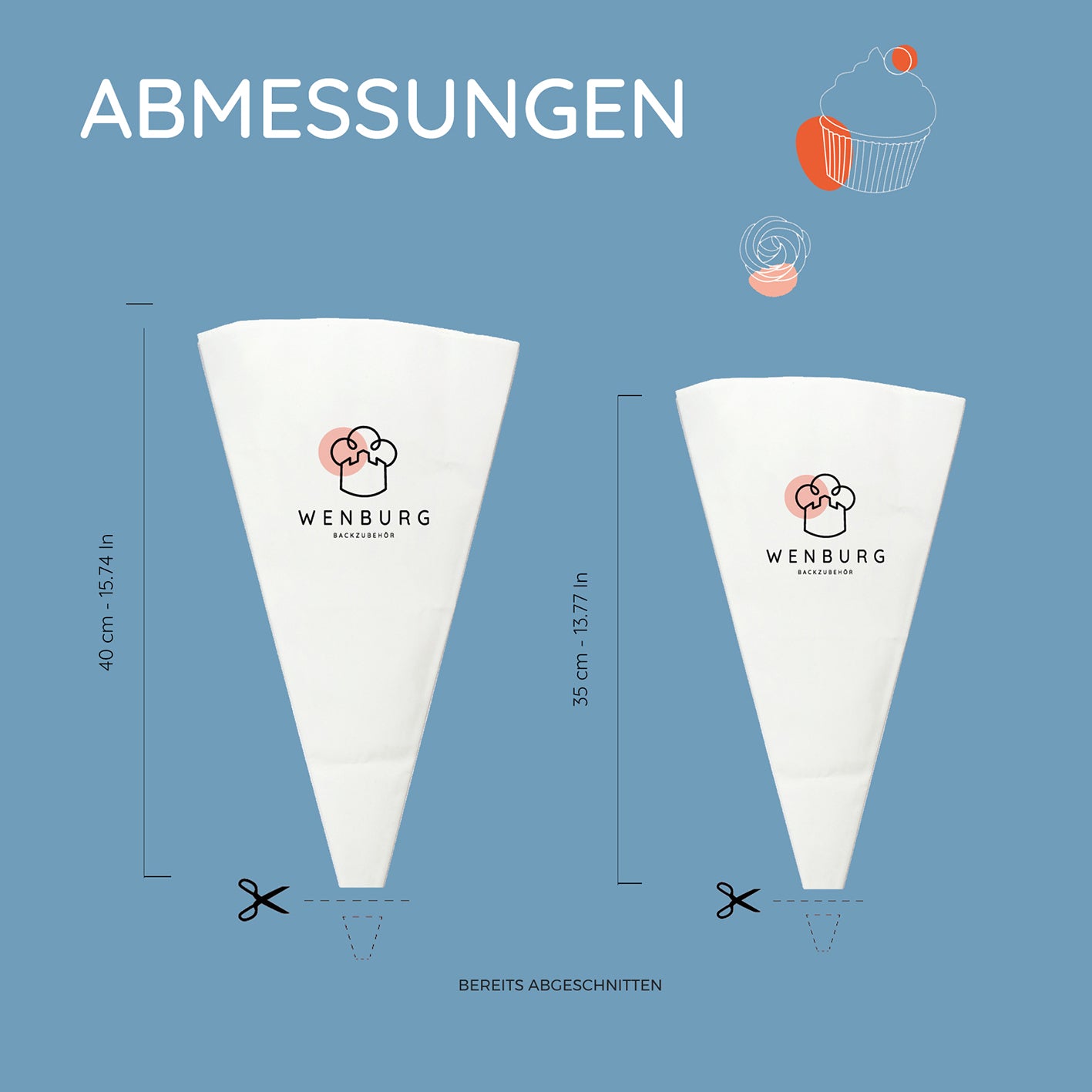 Baumwollspritzbeutel - 2er-Set mit 35 cm und 40 cm Länge, zuschneidbar für vielseitiges Torten- und Kuchenverzieren.