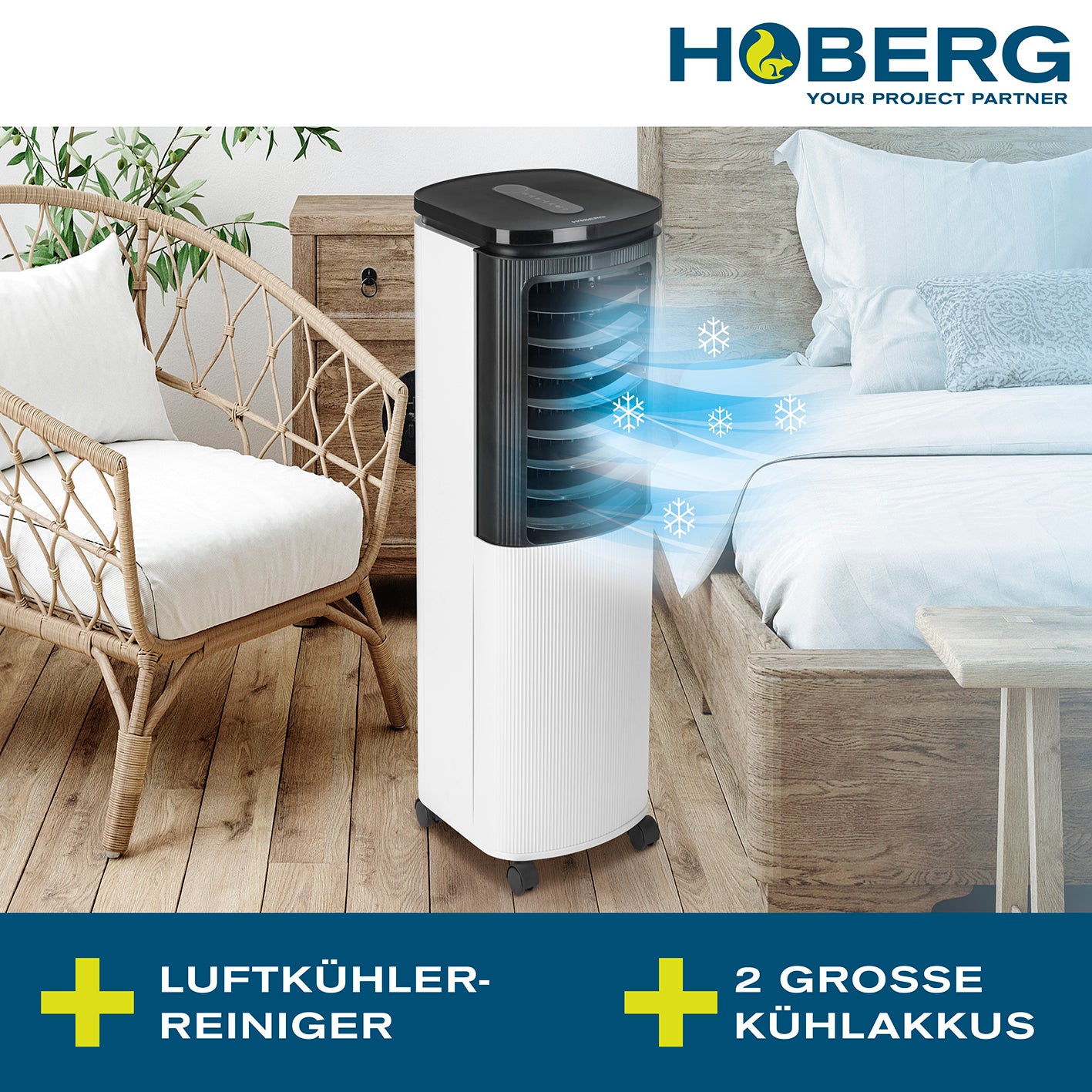 Luftkühler mit Peltier-Element zur effektiven Kühlung und Befeuchtung der Raumluft mit 2 großen Kühlakkus im Wohnbereich.