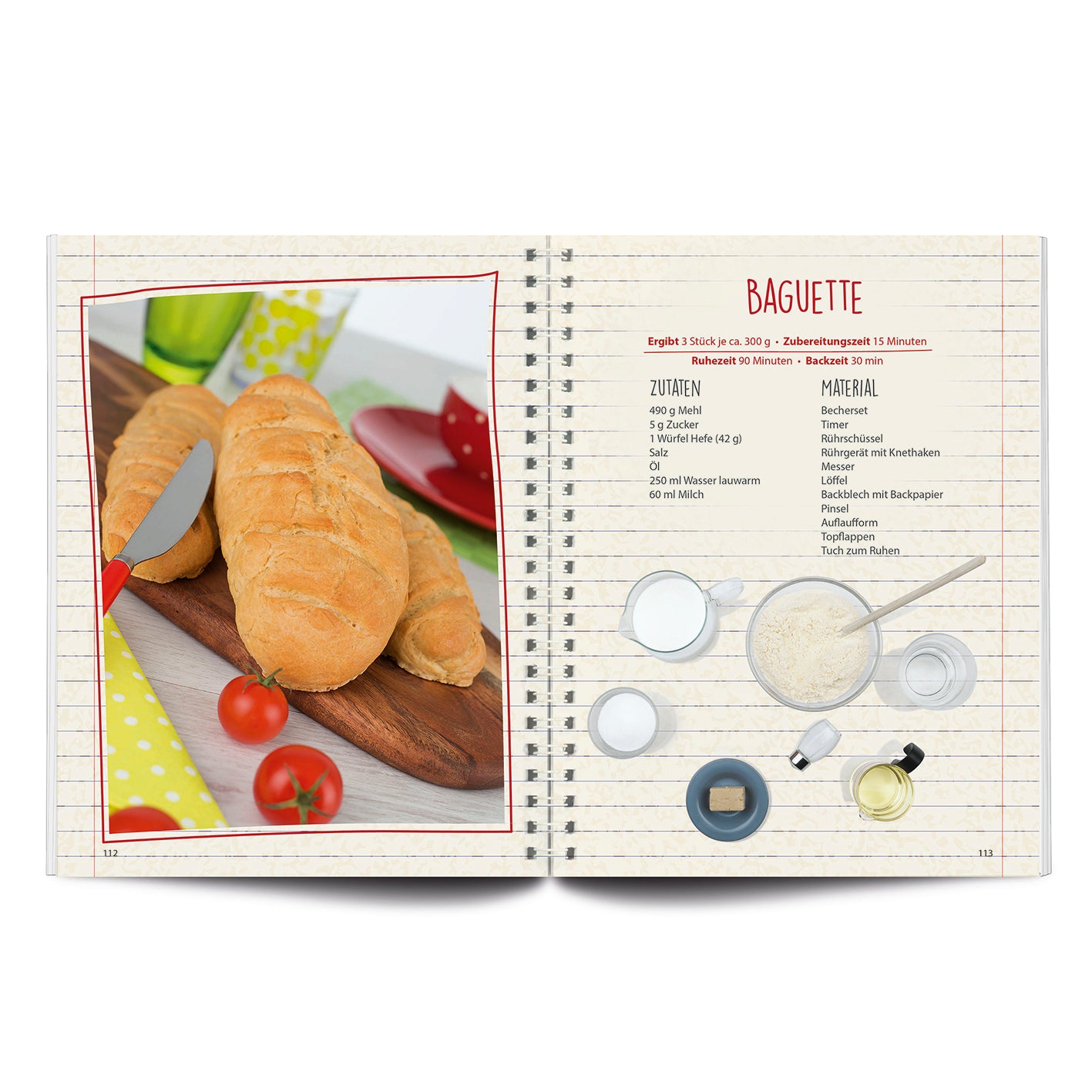 Rezeptbuch inkl. Messbecher-Set - Band 4 - Kleine Gerichte ganz groß! zeigt Baguette Rezept mit Zutaten und Messbechern übersichtlich.