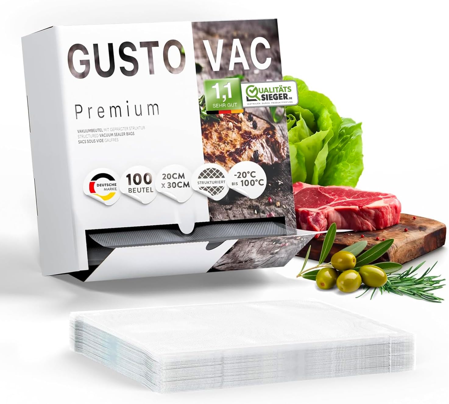 GustoVac Premium Vakuumbeutel 100 Stk. 20x30 cm, kompatibel, hitzebeständig bis 100°C, ideal für Fleisch, Gemüse, Sous-Vide und Einfrieren.