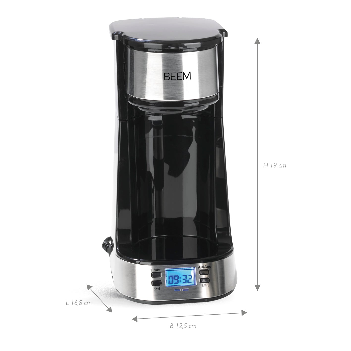 Single-Kaffeemaschine Thermo2Go 750 Watt Edelstahl/schwarz mit 24-Stunden-Timer und beleuchtetem LC-Display, kompakt und modern.