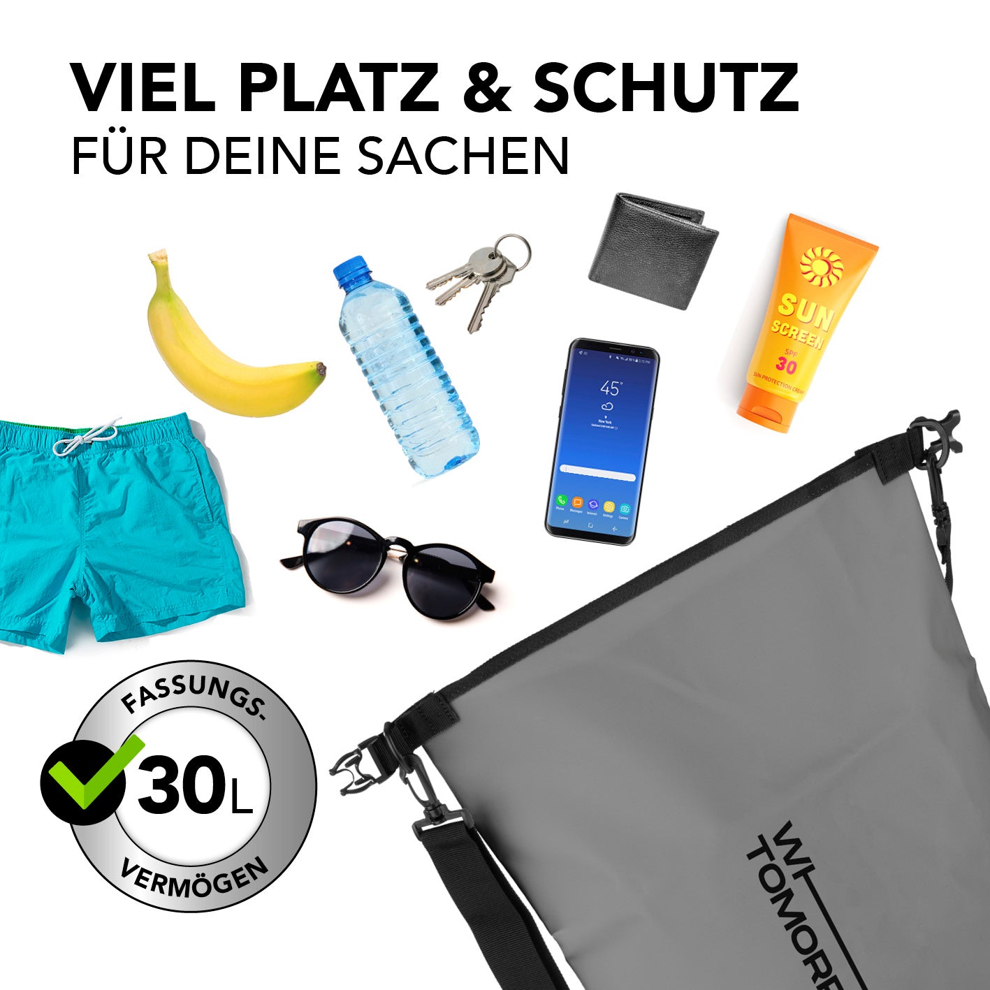 Dry Bag 30L - Style 02 - Grau mit wasserdichtem Rolltop, UV-Schutz, verstellbarem Schultergurt und 30 Liter Fassungsvermögen.