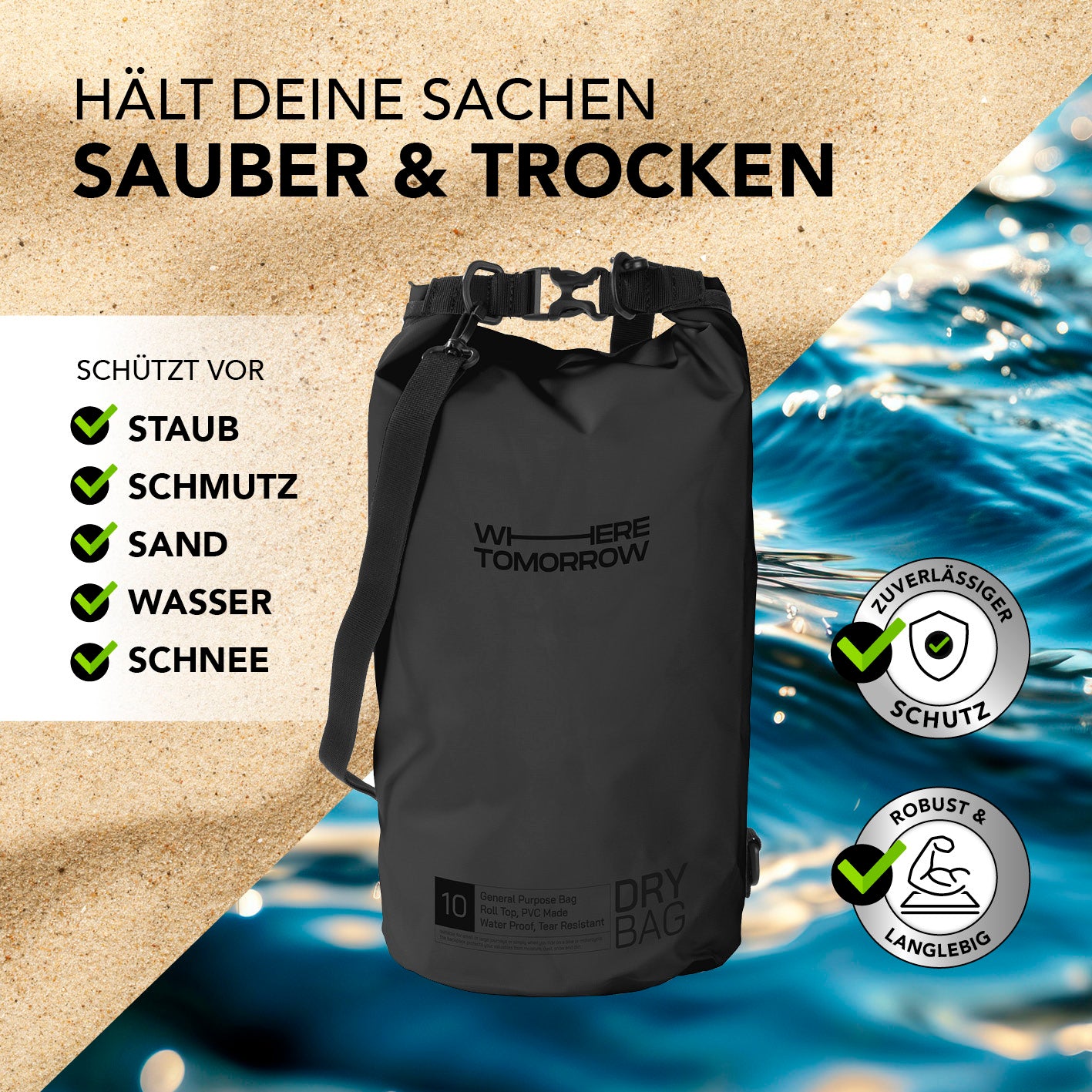 Dry Bag 10L - Style 01 - Schwarz schützt deine Wertsachen sicher vor Staub, Schmutz, Sand, Wasser und Schnee beim Outdoor-Einsatz.