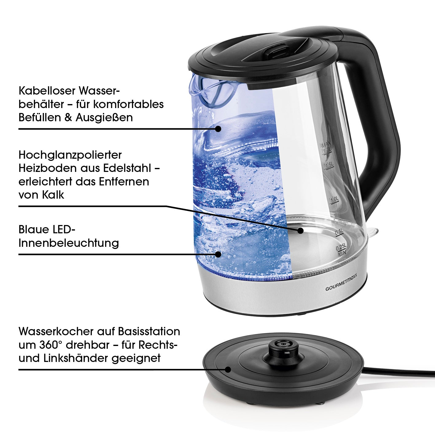Glas-Wasserkocher - 1,7l (Skala 0,25l) mit kabellosem Behälter, LED-Innenbeleuchtung und 360° drehbarer Basisstation.
