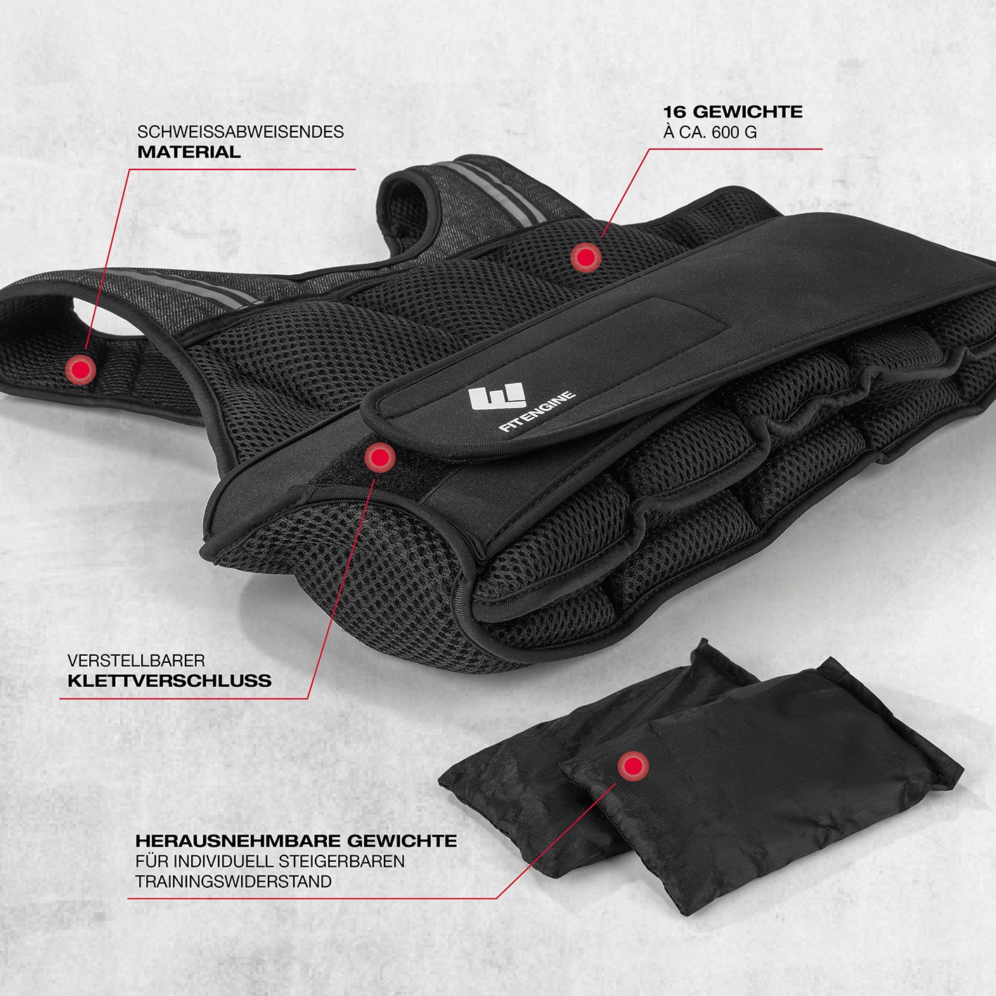 Gewichtsweste - 10 kg mit 16 herausnehmbaren Gewichten, verstellbarem Klettverschluss und schweißabweisendem Material für intensives Training.