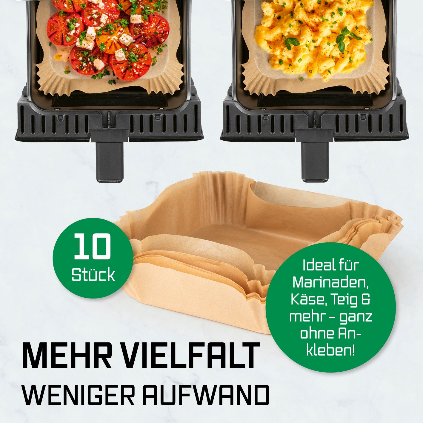 Heißluftfritteuse - 5 Liter mit 10 Backpapierschalen für fettarmes Frittieren und einfache Reinigung ohne Ankleben.