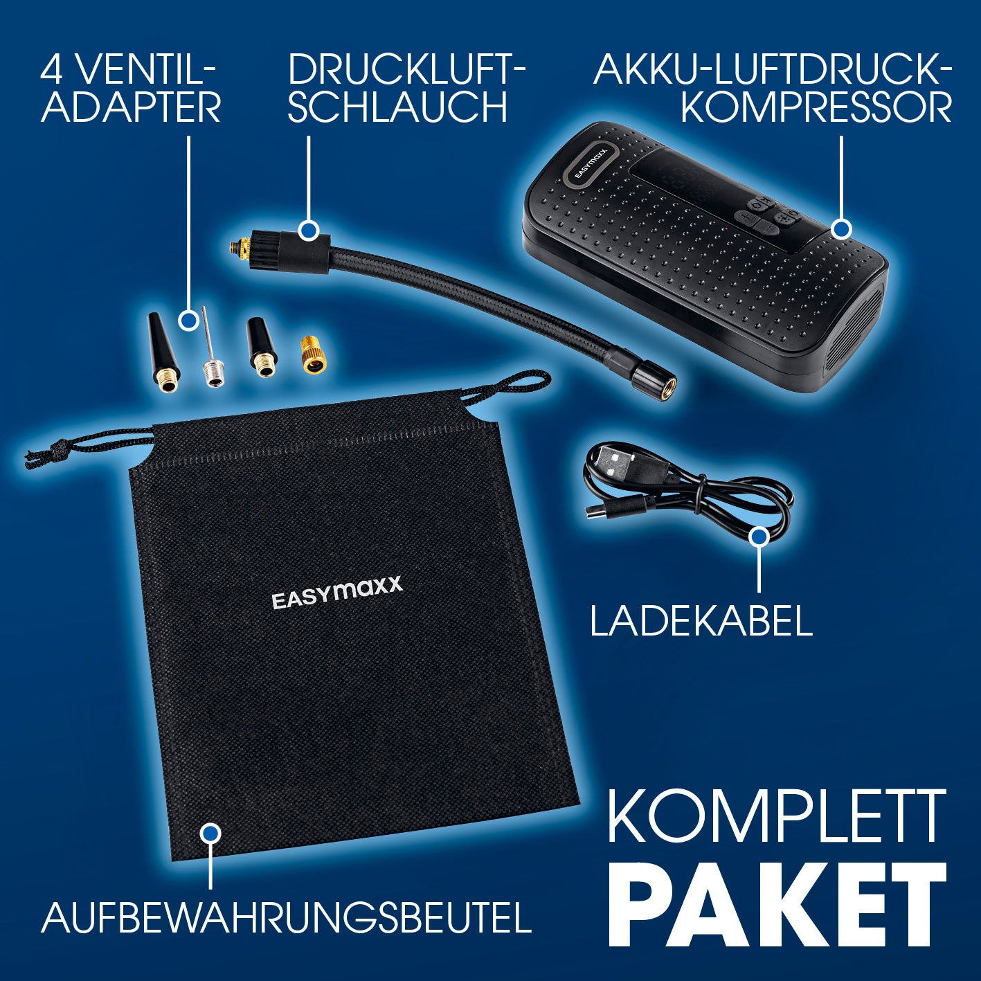 Akku-Handkompressor Komplettpaket mit 4 Ventil-Adaptern, Druckluftschlauch, Ladekabel und Aufbewahrungsbeutel für vielseitigen Einsatz.