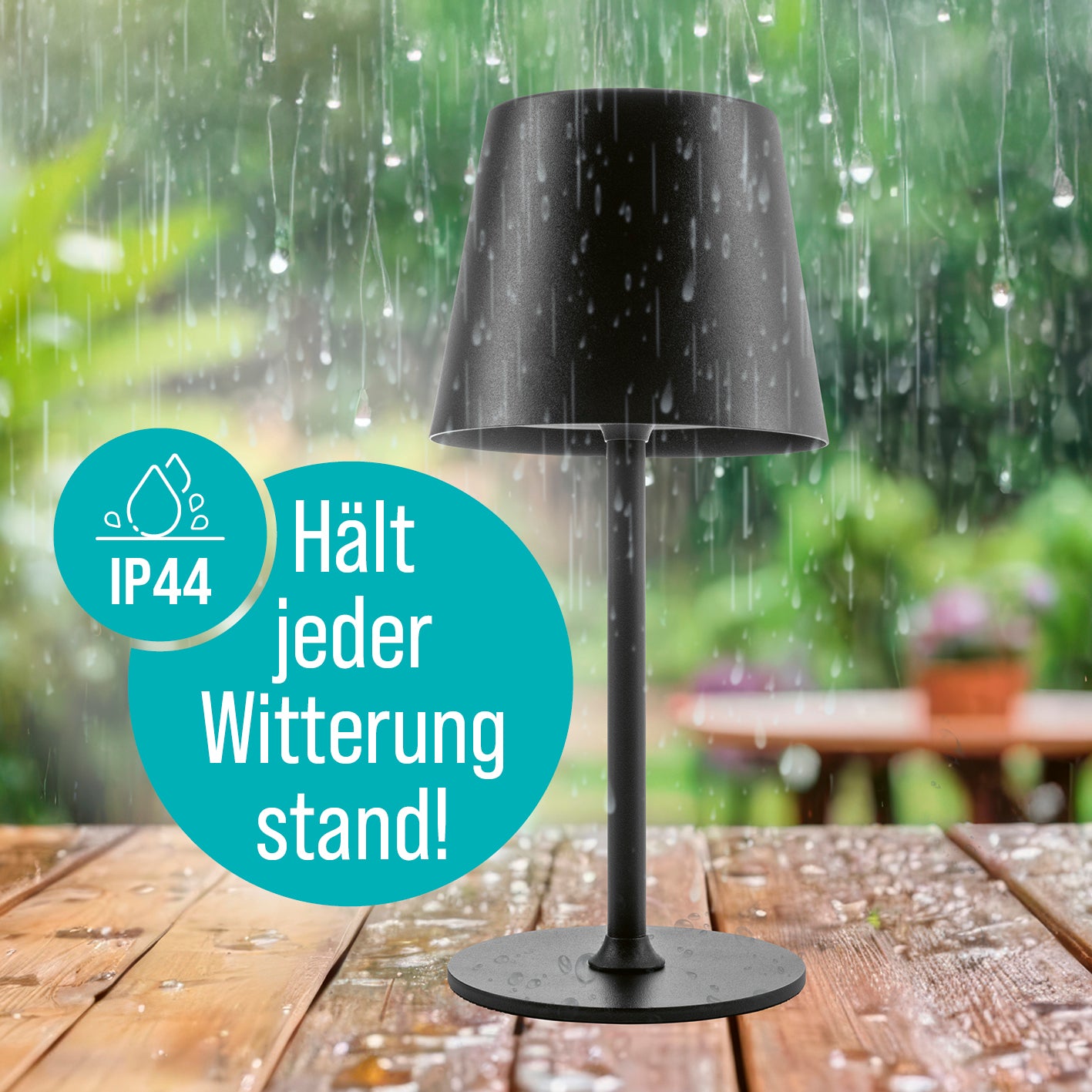 LED-Akku-Tischleuchte schwarz mit IP44 Wetterschutz, kabellos, dimmbar, perfekt für drinnen und draußen, stilvolles warmweißes Licht.