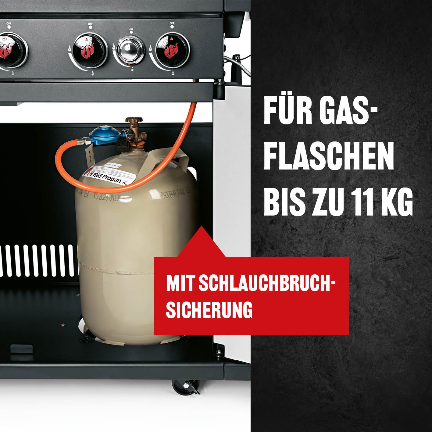 Gasgrill 6.1 mit Stauraum für Gasflaschen bis 11 kg und integrierter Schlauchbruchsicherung für sicheres Grillen.