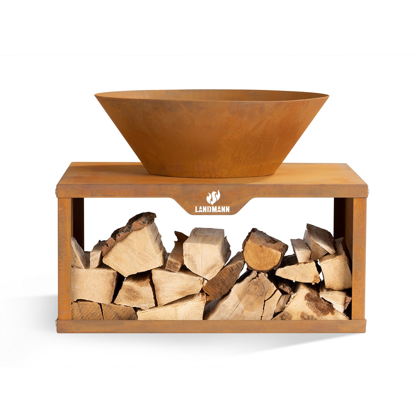 Feuerschale mit Holzlager - 60 x 50 x 54 cm aus Cortenstahl mit praktischem Holzlager, zeitloses Design, ideal für breite Holzscheite.