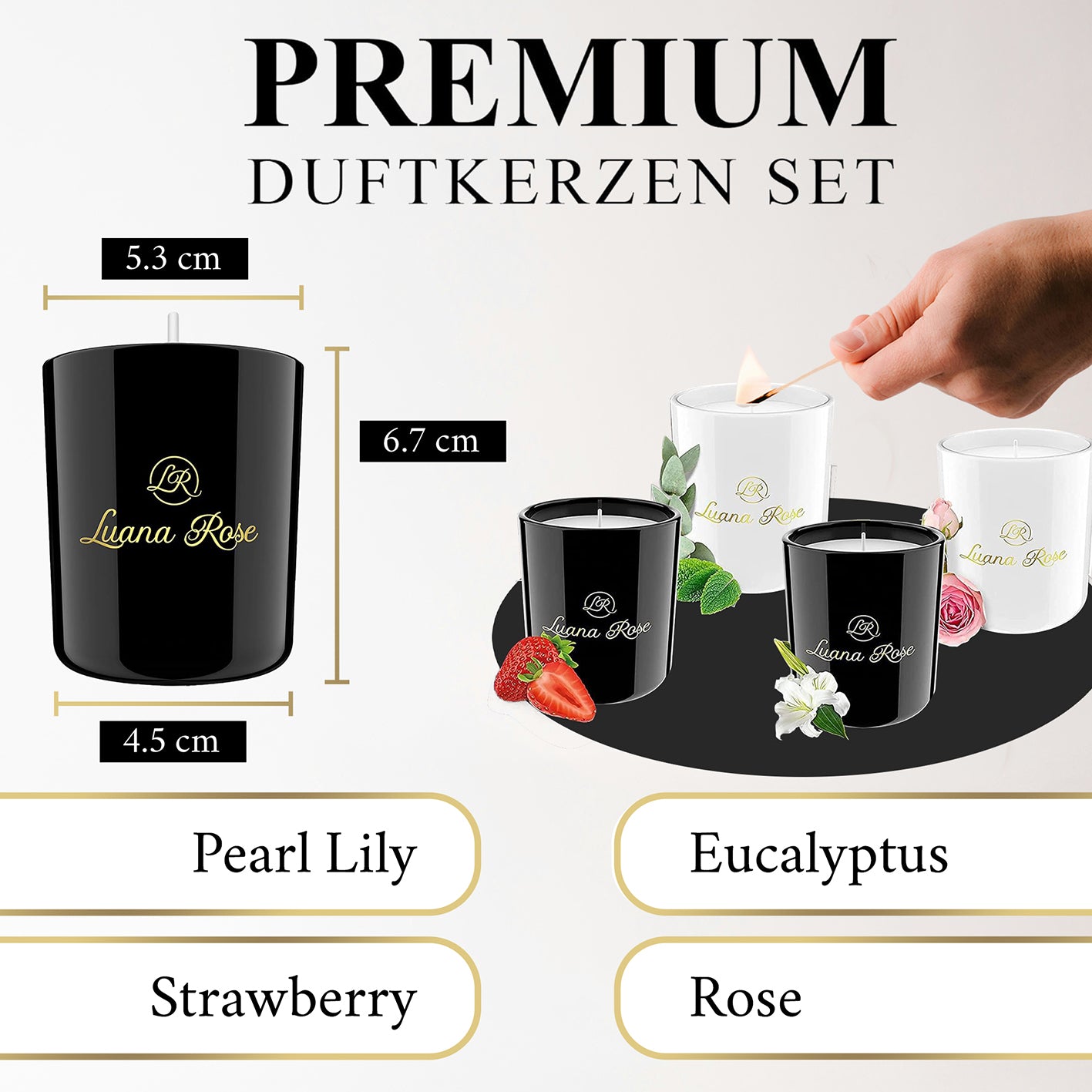 Duftkerzen Geschenkset - 4er-Set mit Birne, Lilie, Eucalyptus & Erdbeere aus 100% Sojawachs, 40 Std. Brenndauer, Geschenkidee.