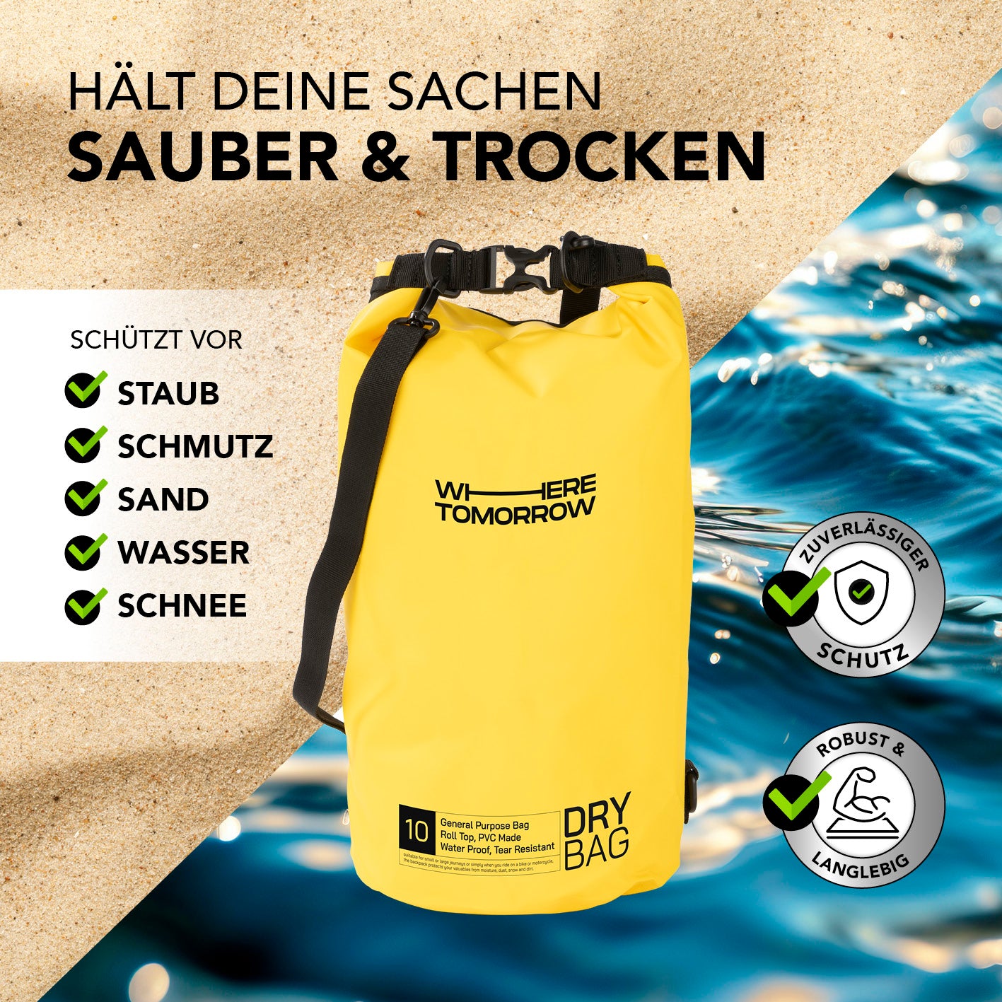 Dry Bag 10L - Style 01 - Gelb, wasserfester, robuster Rucksack mit Rolltop-Verschluss für Outdoor-Abenteuer, schützt vor Staub, Wasser und Schmutz.
